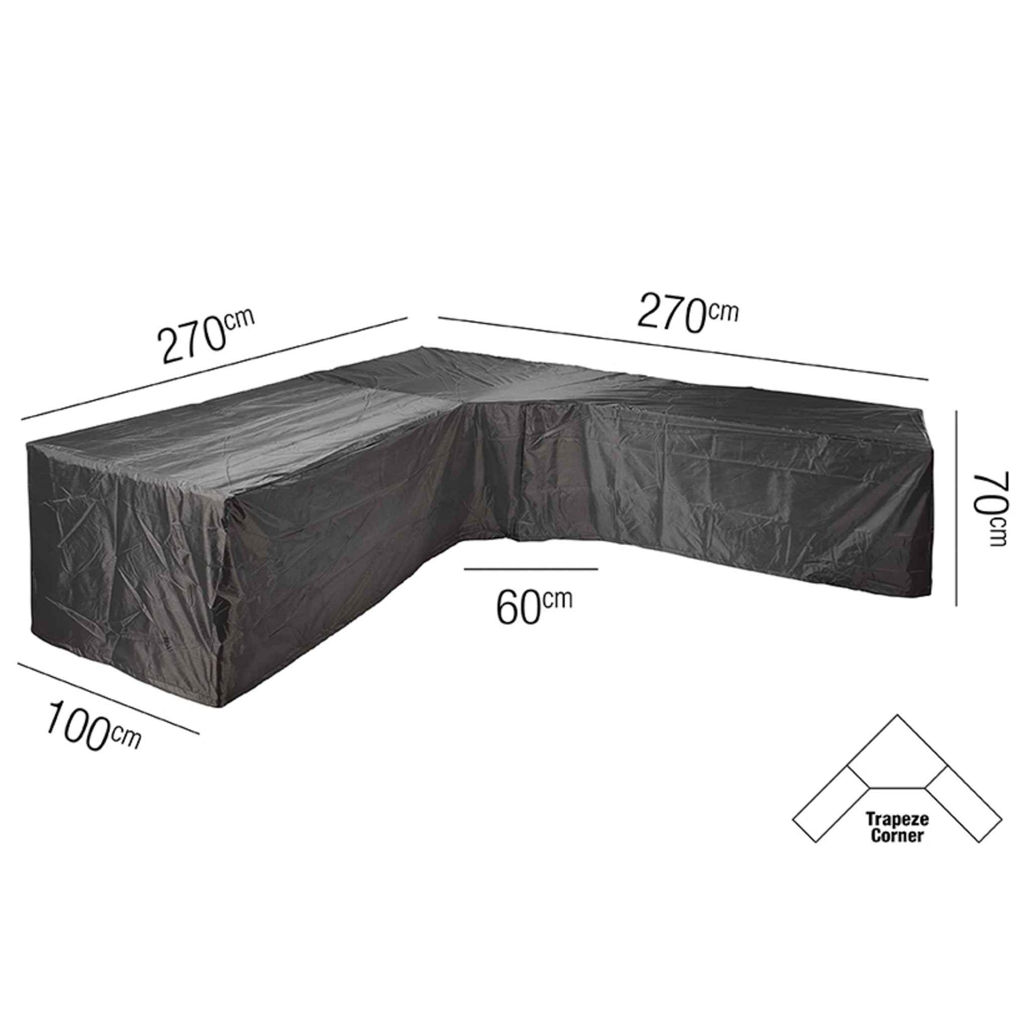 The AeroCover - Trapeeze Lounge Set Cover 270 x 270 x 100 x 70cm provides protection for outdoor furniture, including dimensions of 270cm x 270cm and an extended side measuring 100cm x 60cm.