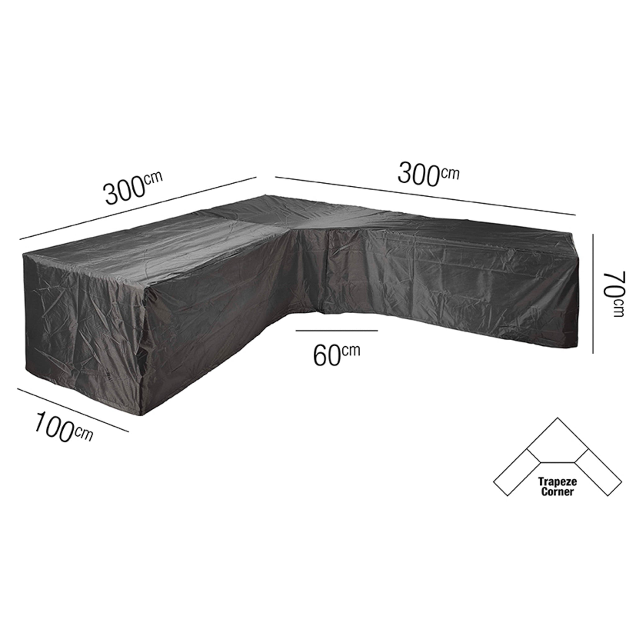 The AeroCover Trapeeze Lounge Set Cover, measuring 300cm x 300cm x 100cm with a height of 70cm, is an L-shaped patio furniture cover that provides water resistance and UV protection for lasting durability.