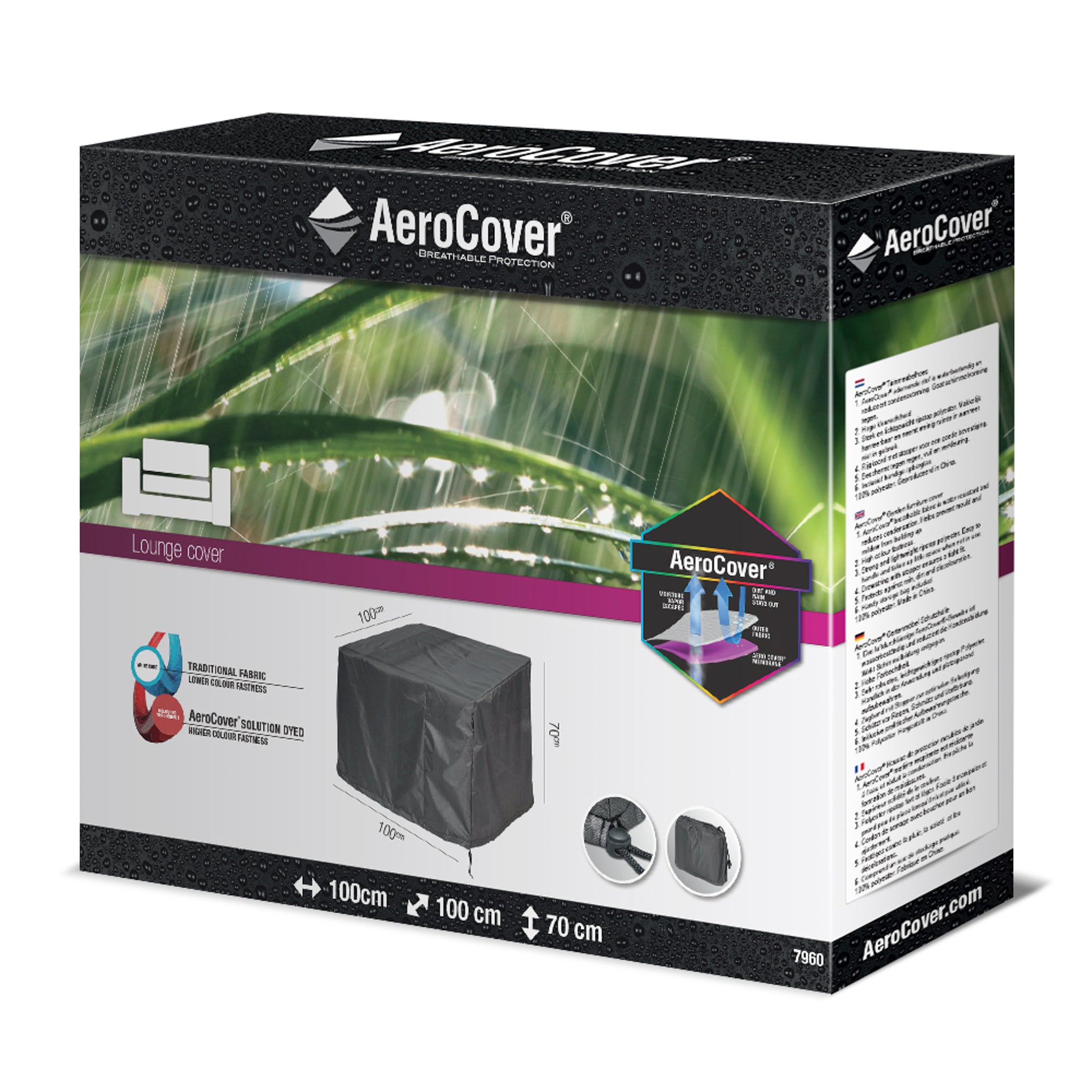 Packaging of the AeroCover - Lounge Chair Cover (100 x 100 x 70 cm high), featuring product images and water-resistant branding—ideal for protecting your garden furniture and bistro sets.