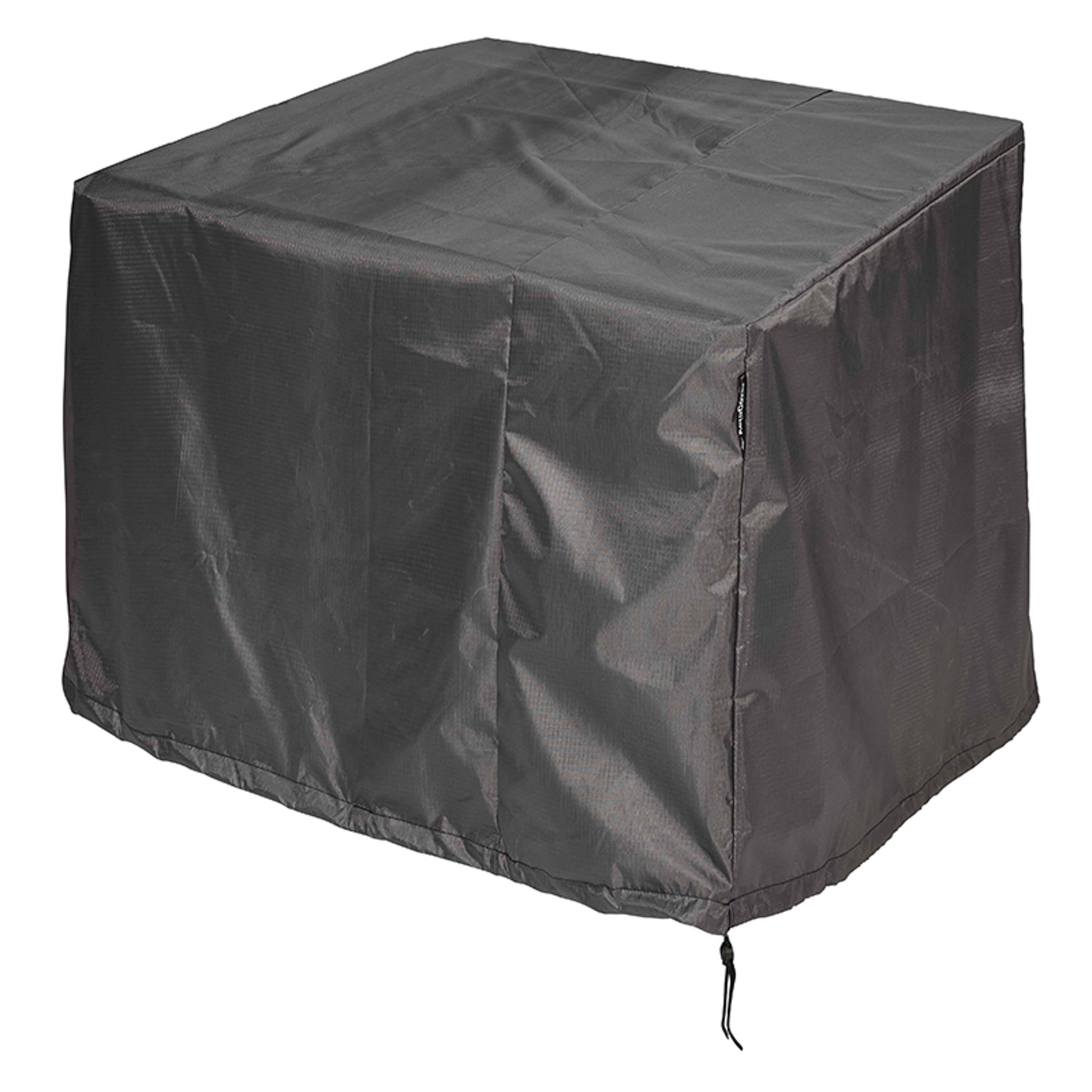 The AeroCover - Lounge Chair Cover, measuring 100 x 100 x 70 cm in height, is a square, black protective cover designed to shield your bistro sets or other garden furniture and features a drawstring at the base for securing it tightly.
