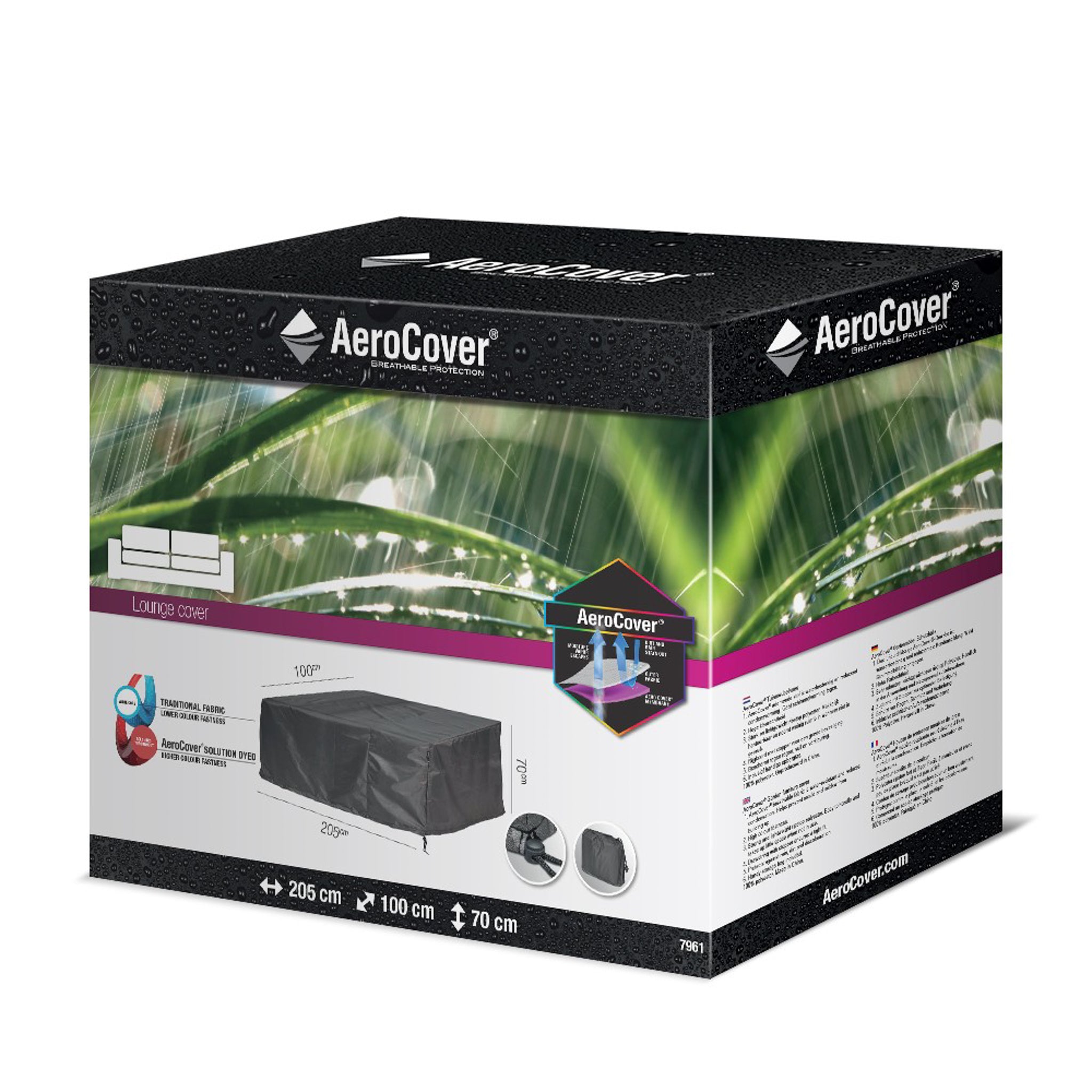 A rectangular box for the AeroCover - Lounge Bench Cover 205 x 100 x 70cm high in black, featuring product images and specifications on the packaging. This water-resistant, UV-protected cover is ideal for any bench cover needs.