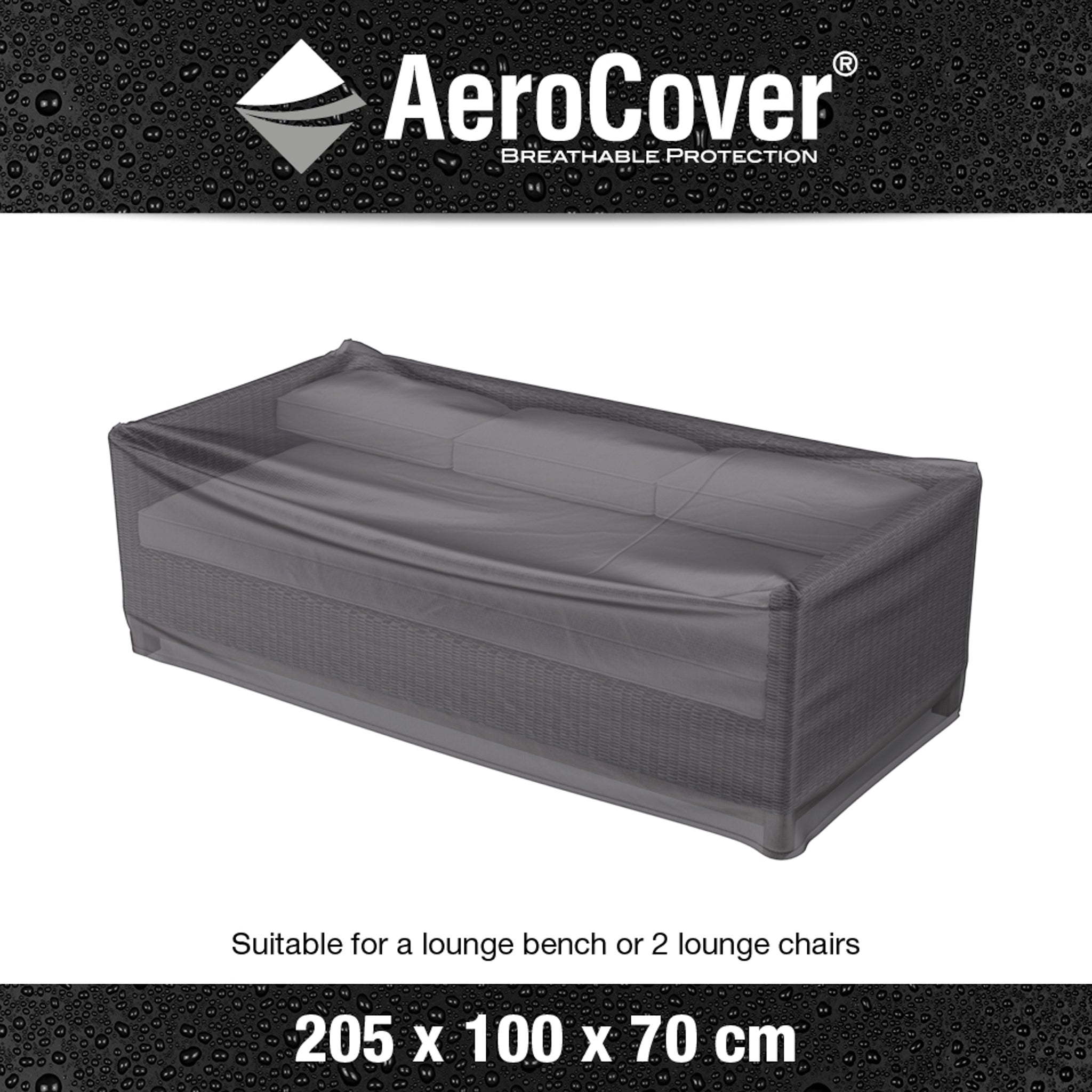 Protect a lounge bench or two lounge chairs with the AeroCover - Lounge Bench Cover, measuring 205 x 100 x 70 cm high.