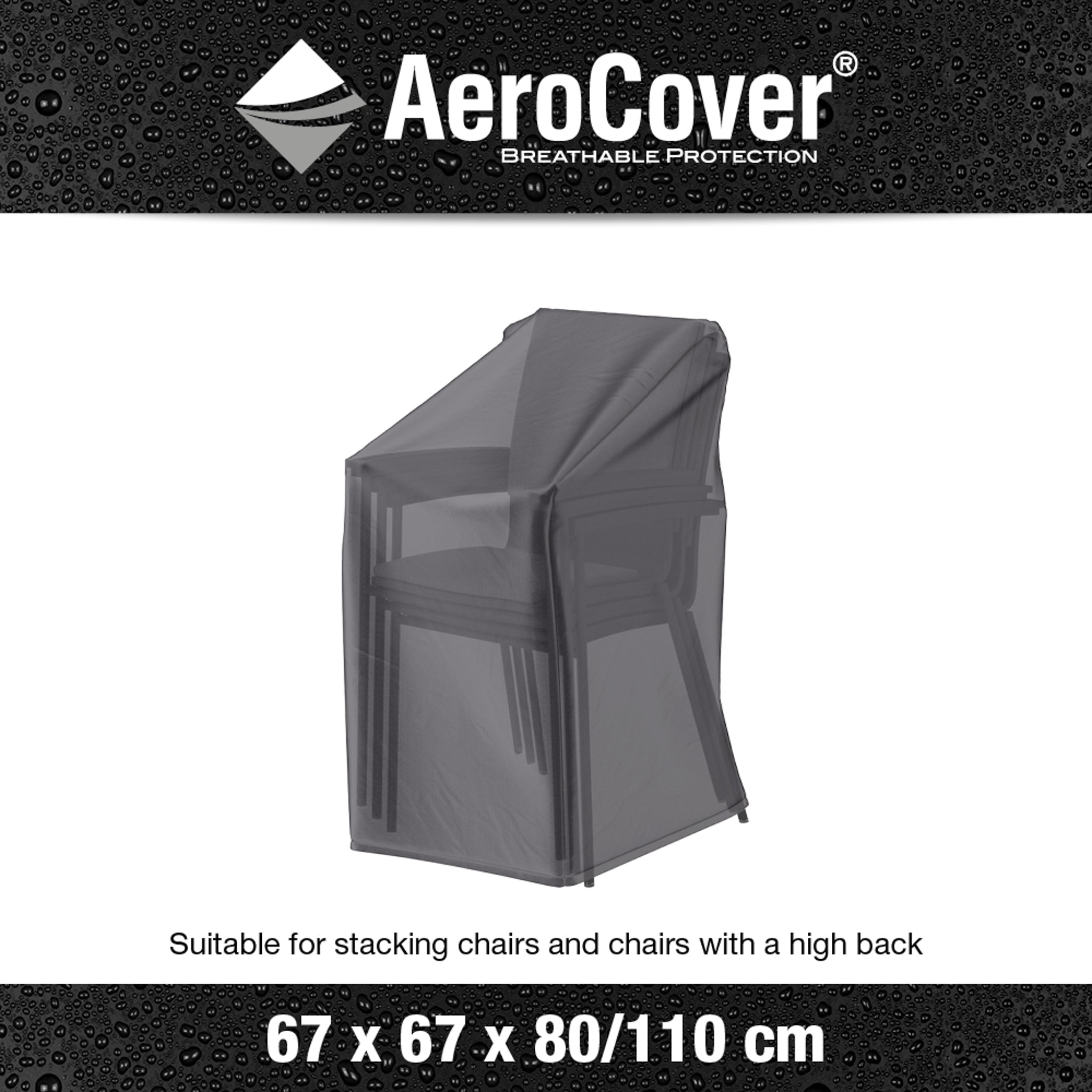 The AeroCover - Stackable Chair Cover 67 x 67 x 80/110 is shown protecting a stack of chairs against a black backdrop. This UV-protective cover ensures your high-back and stackable chairs remain in pristine condition.