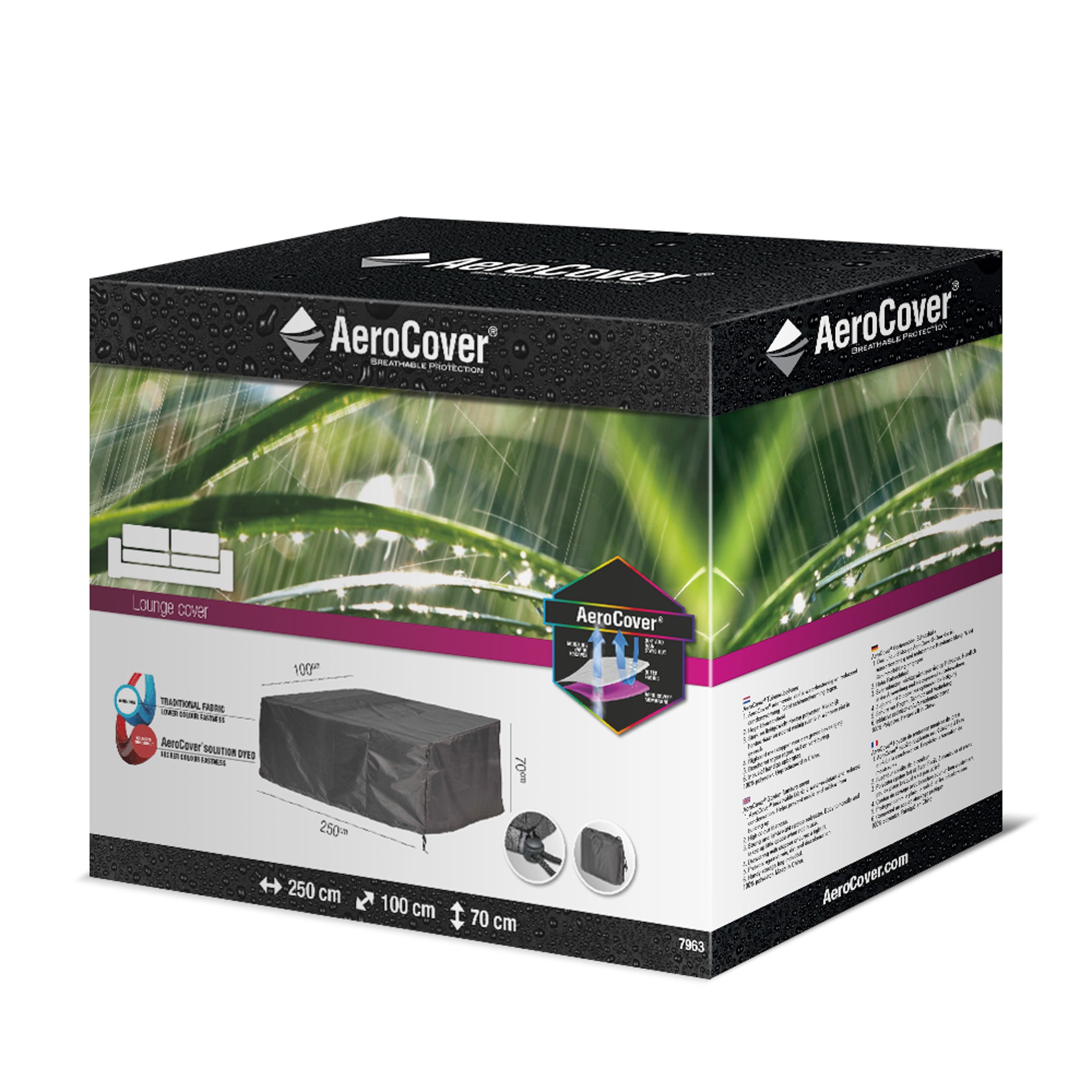 AeroCover - Lounge Bench Cover 250 x 100 x 70cm high packaging displays product image, dimensions, and outdoor leaf background—perfect as a waterproof bench cover.