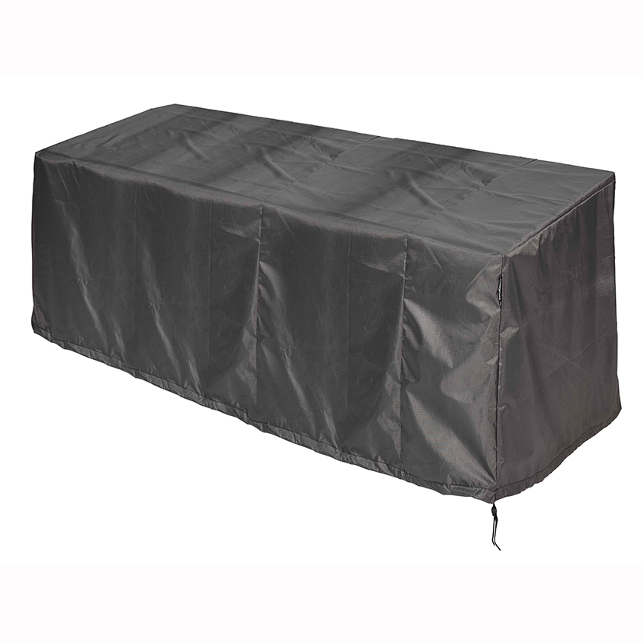 An AeroCover Lounge Bench Cover (250 x 100 x 70cm), black and rectangular, is draped over a long table against a white background.