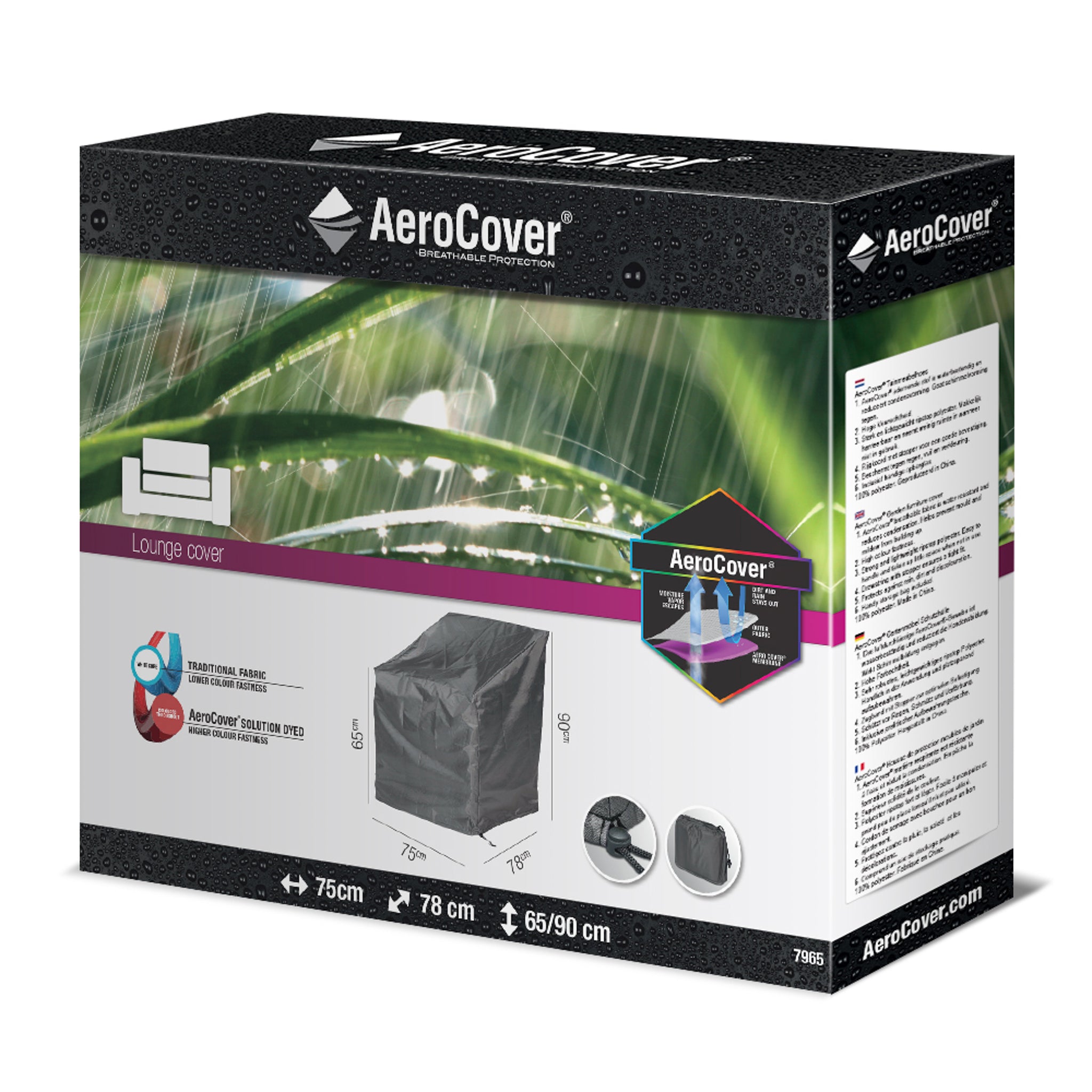 Box containing an AeroCover - High Back Lounge Chair Cover with breathable protection for outdoor furniture, dimensions 75x78x90cm, along with product information.