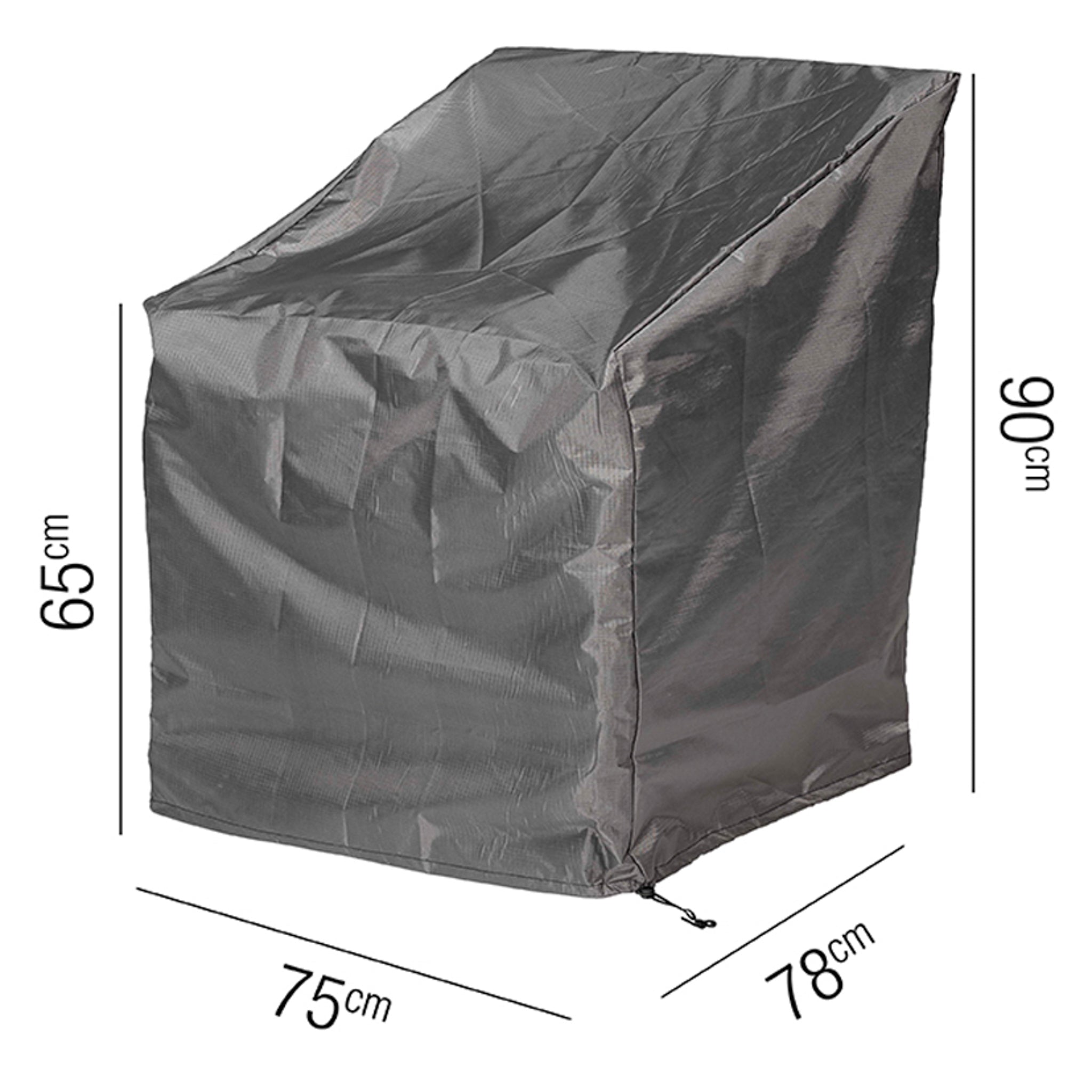 The AeroCover - High Back Lounge Chair Cover, measuring 90cm tall, 75cm wide, and 78cm deep at the bottom (65cm deep at the top), comes in gray and features a drawstring closure.