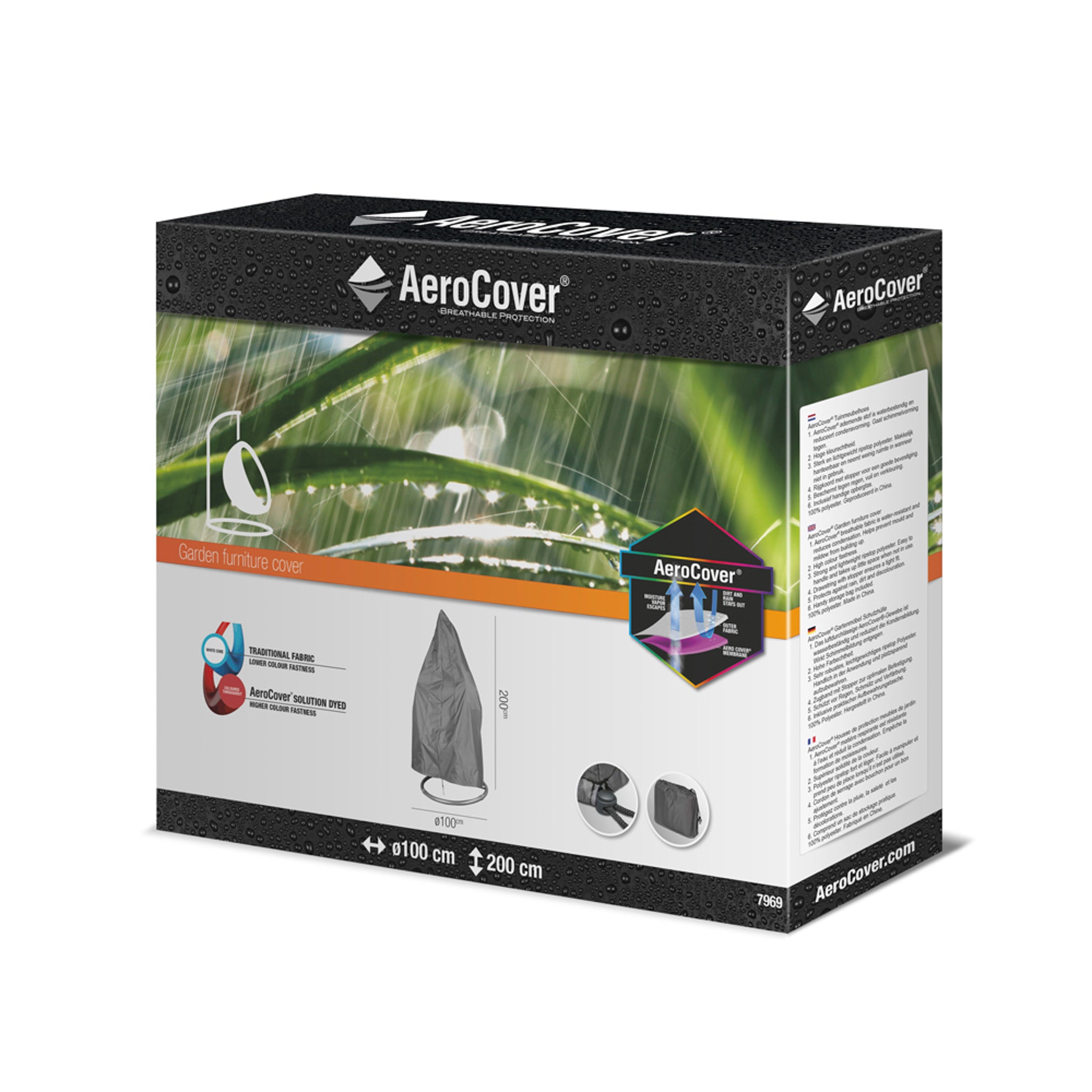 The packaging for the AeroCover - Hanging Chair Round Cover 100x200cm high highlights features such as UV protection, water resistance, and a size of ∅100 cm x 200 cm, making it ideal for your hanging chair cover requirements.