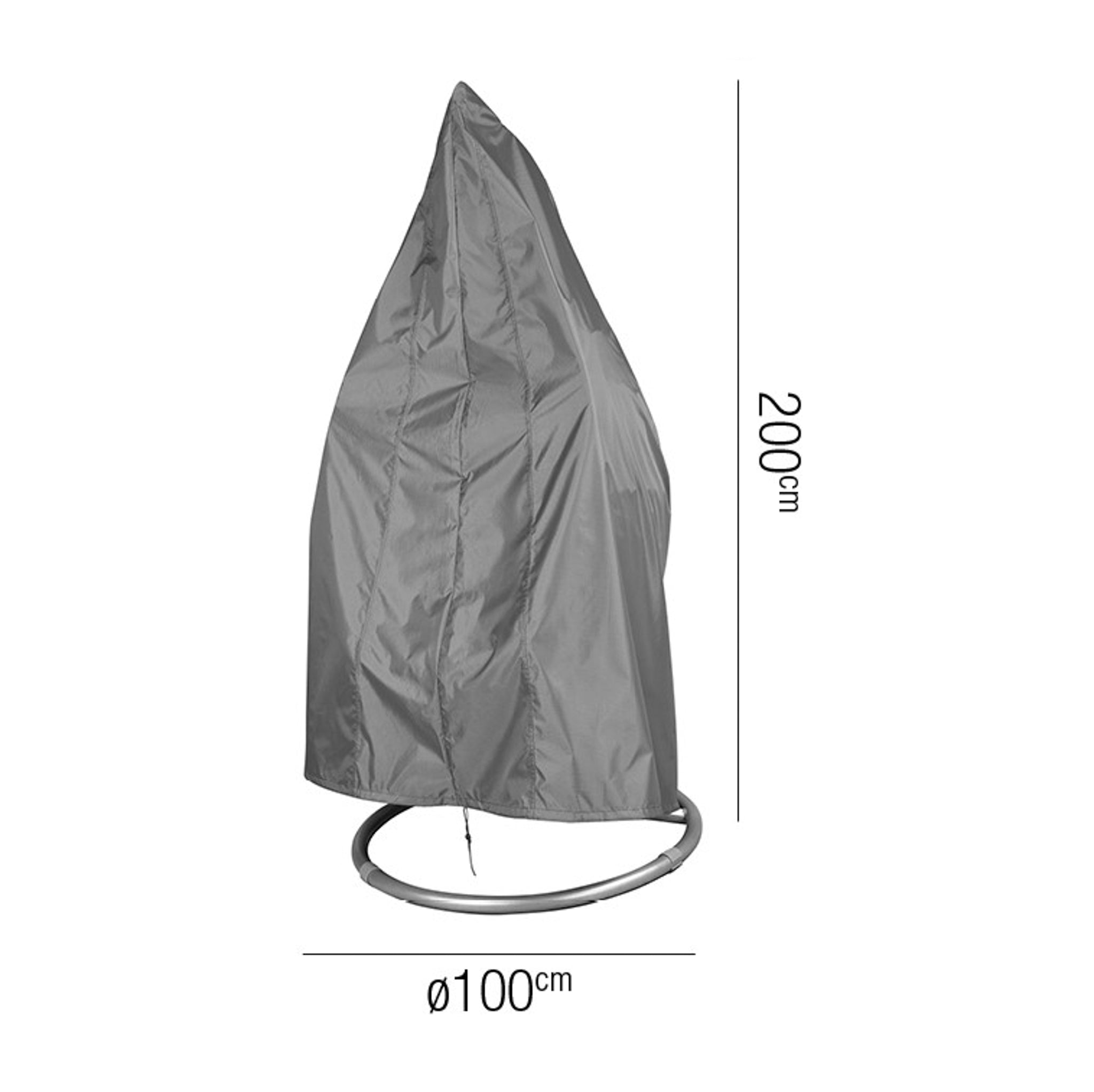 AeroCover - Hanging Chair Round Cover, water-resistant and UV protected, fits a hanging egg chair with a 200cm height and 100cm diameter as shown in the image.