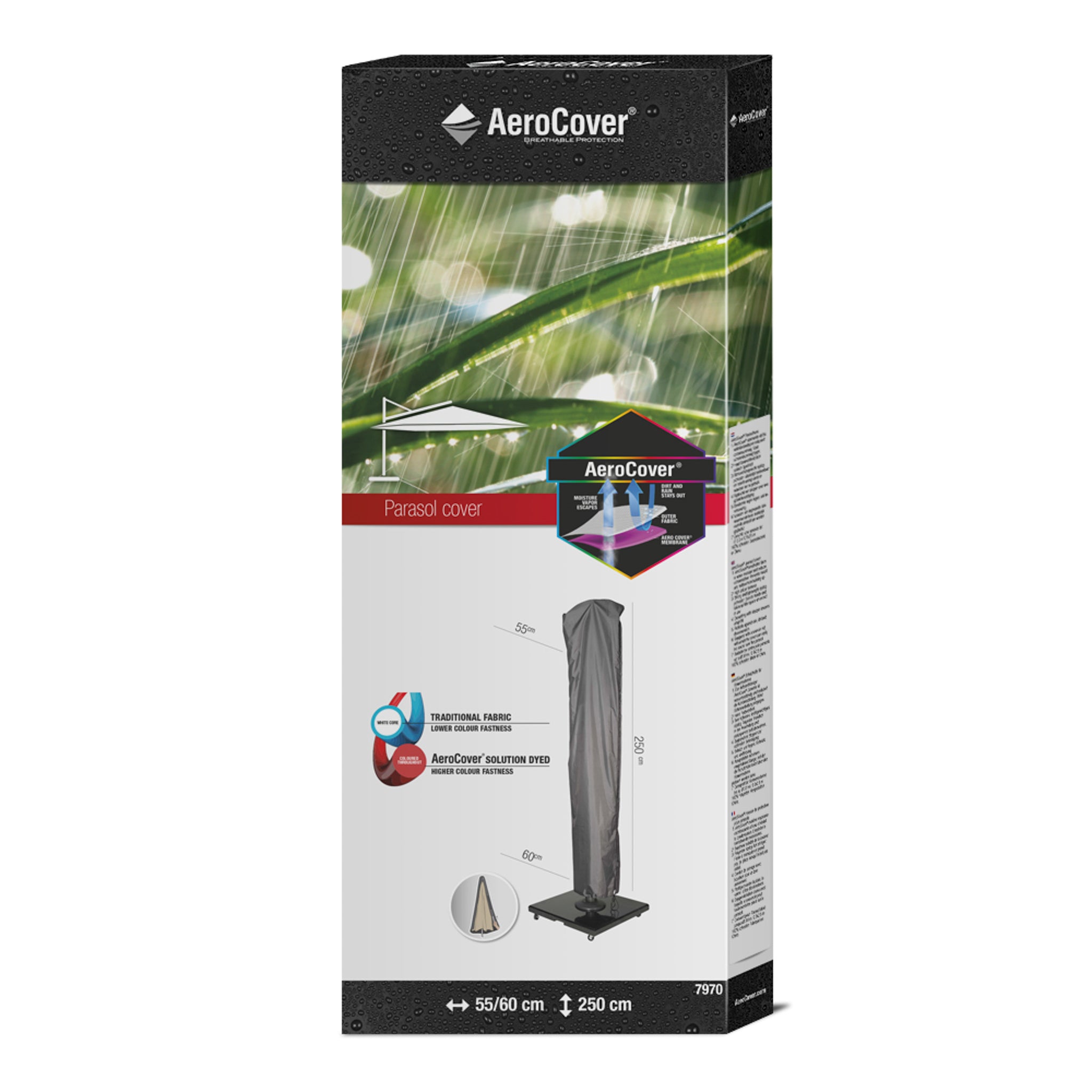 The AeroCover - Free Arm Parasol Cover 250 x 55/60 package showcases the product image, dimensions, and features. The background includes a rainwater graphic, emphasizing its water-resistant qualities. This AeroCover serves as a reliable protective cover for your outdoor needs.