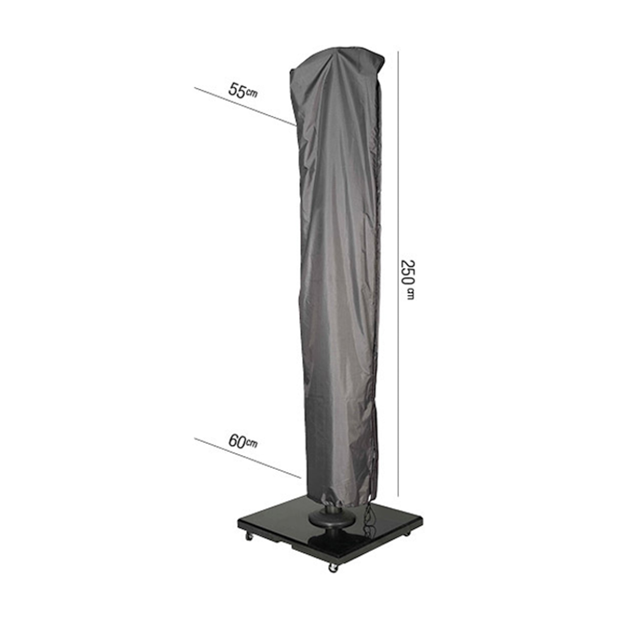 The AeroCover - Free Arm Parasol Cover 250 x 55/60 is a tall, covered patio heater on a wheeled base. It features dimensions of 250 cm in height, 55 cm in width, and 60 cm in depth. A water-resistant protective cover is included to ensure longevity and durability in all weather conditions.