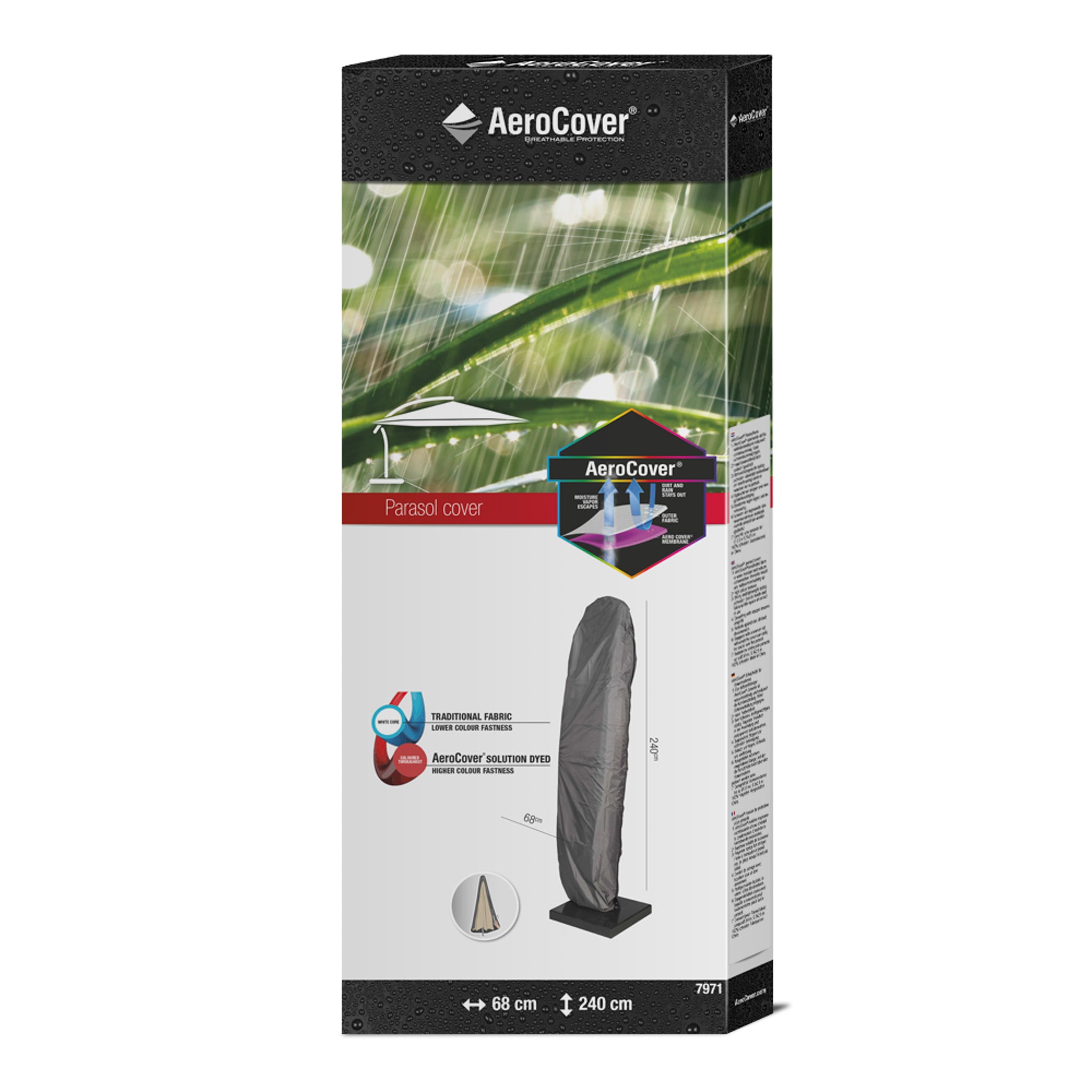 The AeroCover - Free Arm Parasol Cover (240 x 68 cm) in water-resistant, UV-protected grey is showcased on a parasol stand.