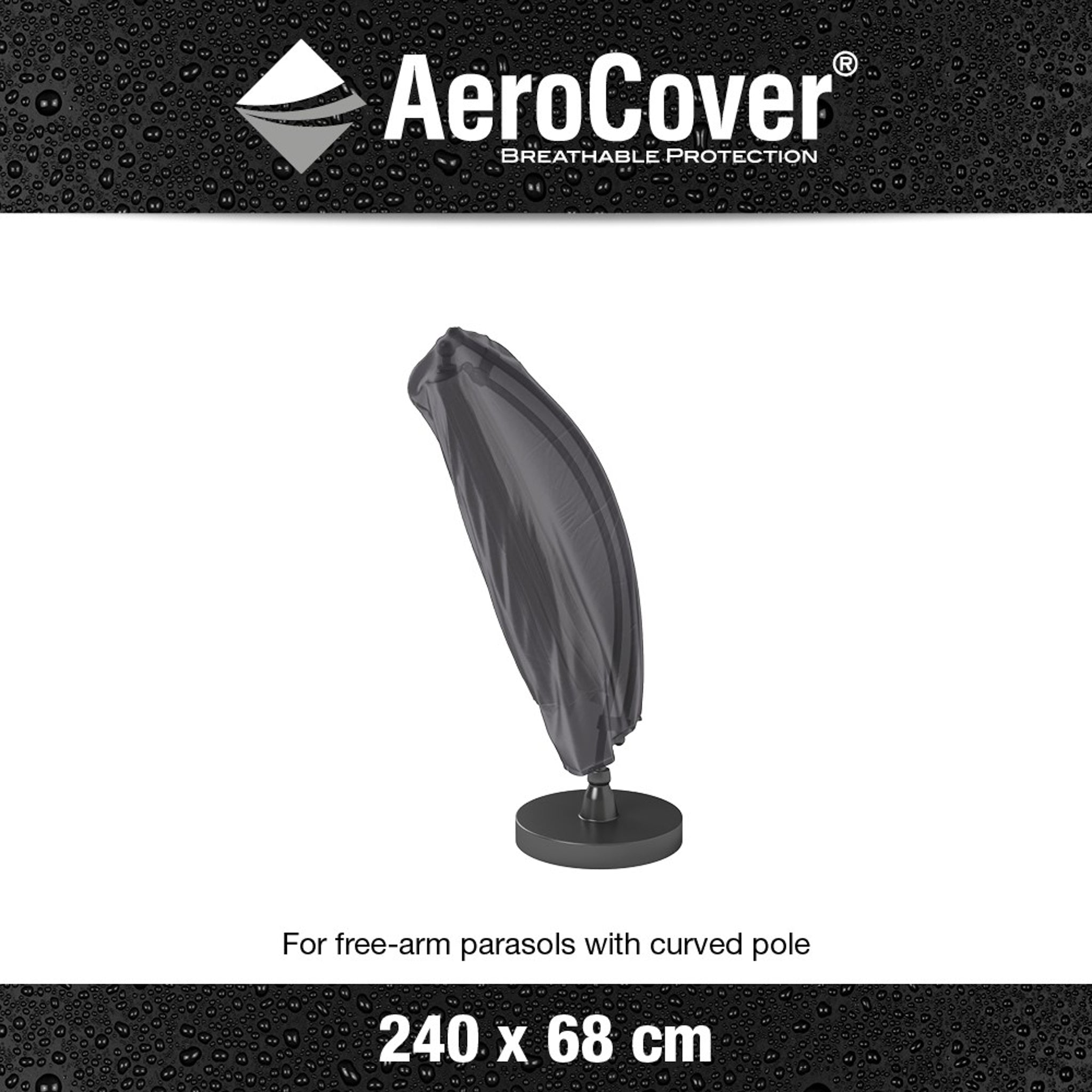 The AeroCover - Free Arm Parasol Cover (240 x 68 cm) fits a curved-pole, free-arm parasol on a stand. It features UV protection and water resistance for lasting durability.