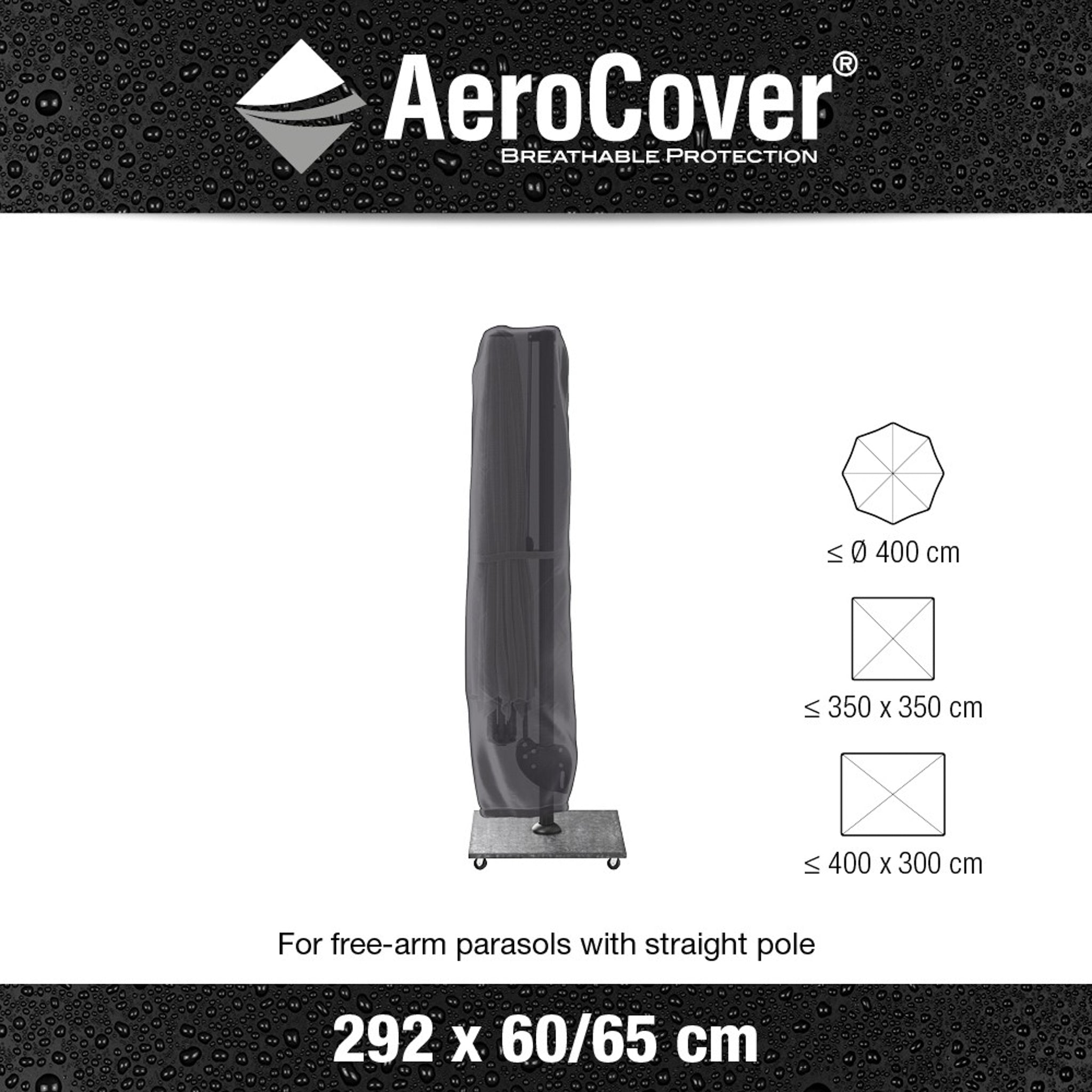 AeroCover - Free Arm Parasol Cover 292 x 60/65cm is a UV protective and water-resistant cover, featuring rain droplets on a dark background, designed for free-arm parasols with straight poles.