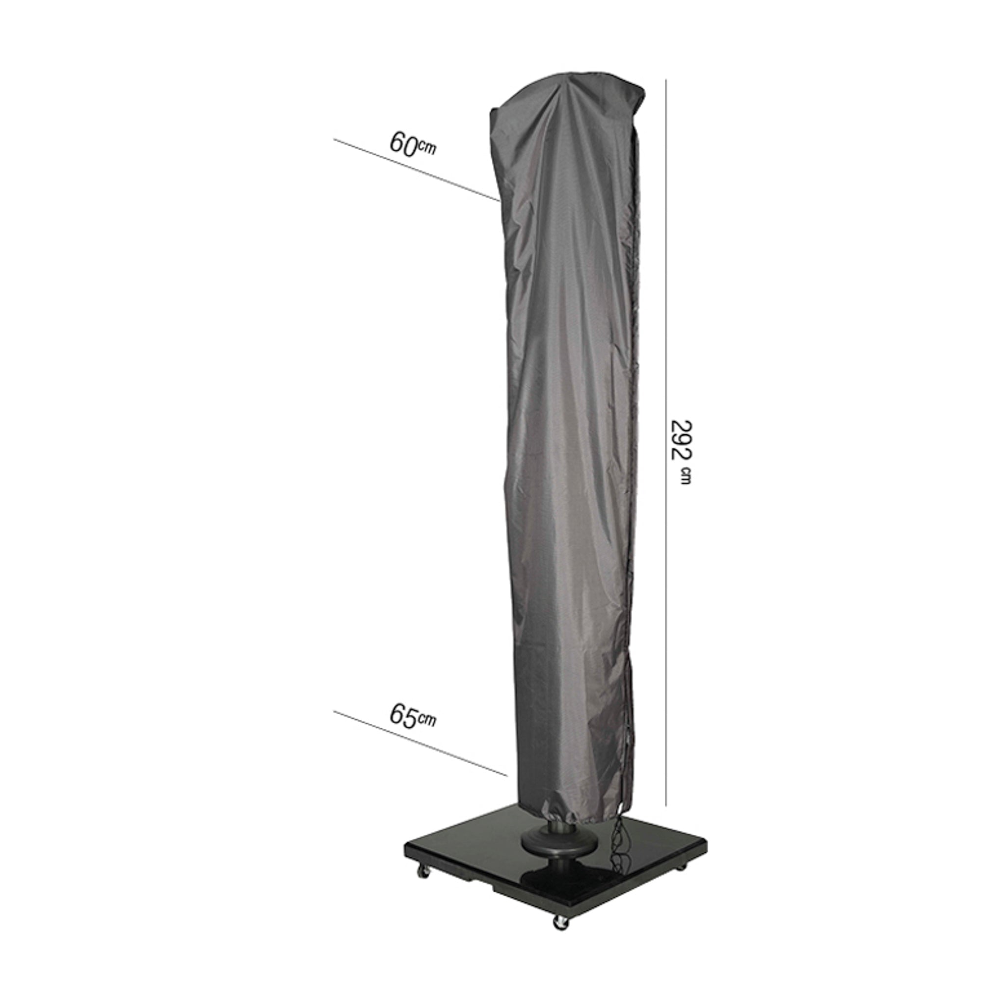 A tall, water-resistant patio heater with dimensions of 292 cm height, 60 cm width, and 65 cm at the base on a wheeled platform, featuring an AeroCover - Free Arm Parasol Cover.