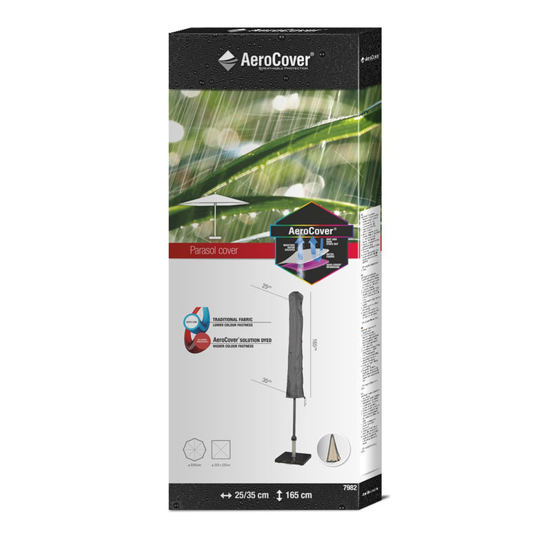 Box packaging for the AeroCover - Parasol Cover 165 x 25/35cm, highlighting a product image, key features like UV protection and water-resistance, along with dimensions (165 cm x 25/35 cm).