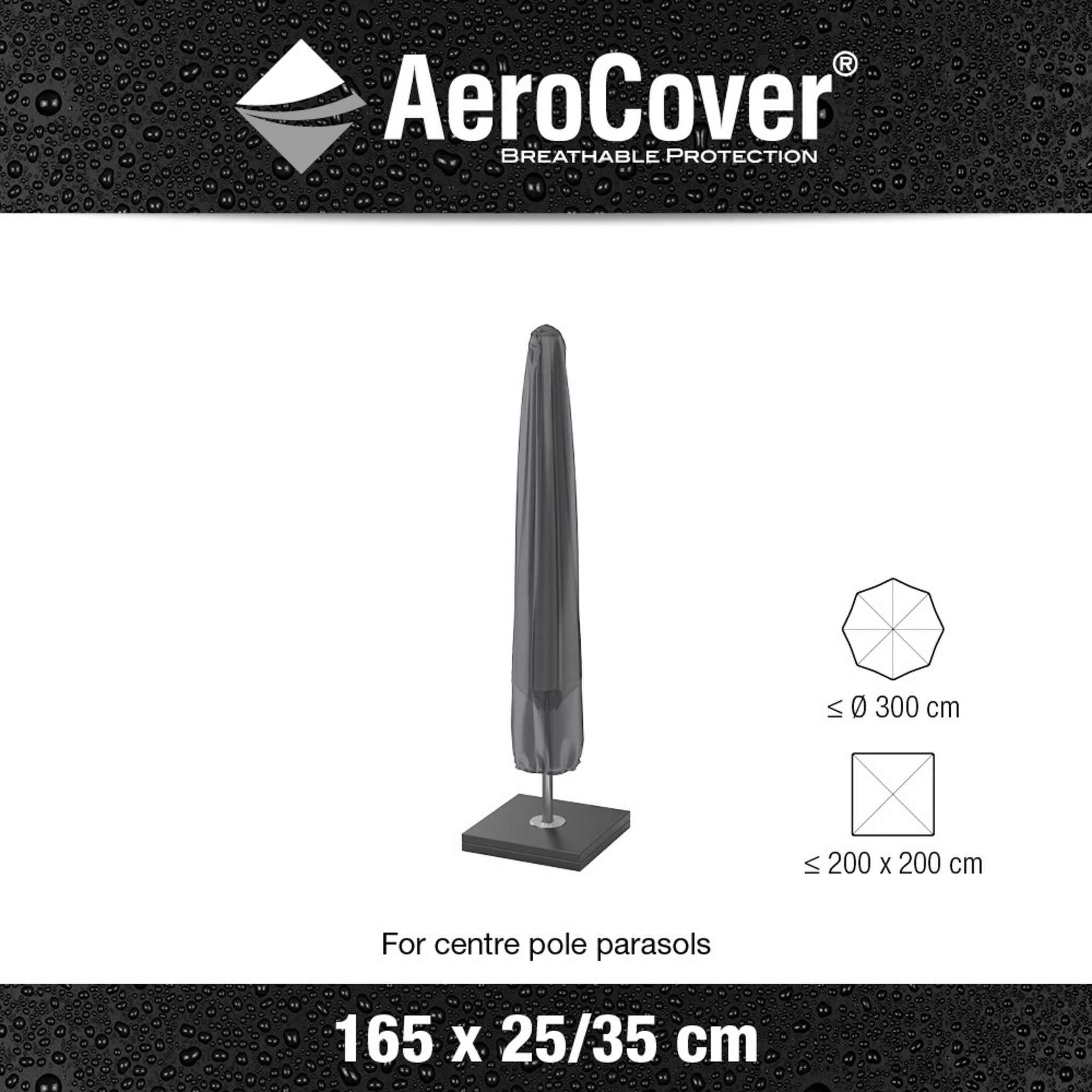 The AeroCover Parasol Cover in Grey, measuring 165 x 25/35 cm, offers UV protection and is suitable for center pole parasols with a diameter of up to 300 cm or a square size of 200 x 200 cm. This water-resistant cover ensures your parasol remains safe in all weather conditions.
