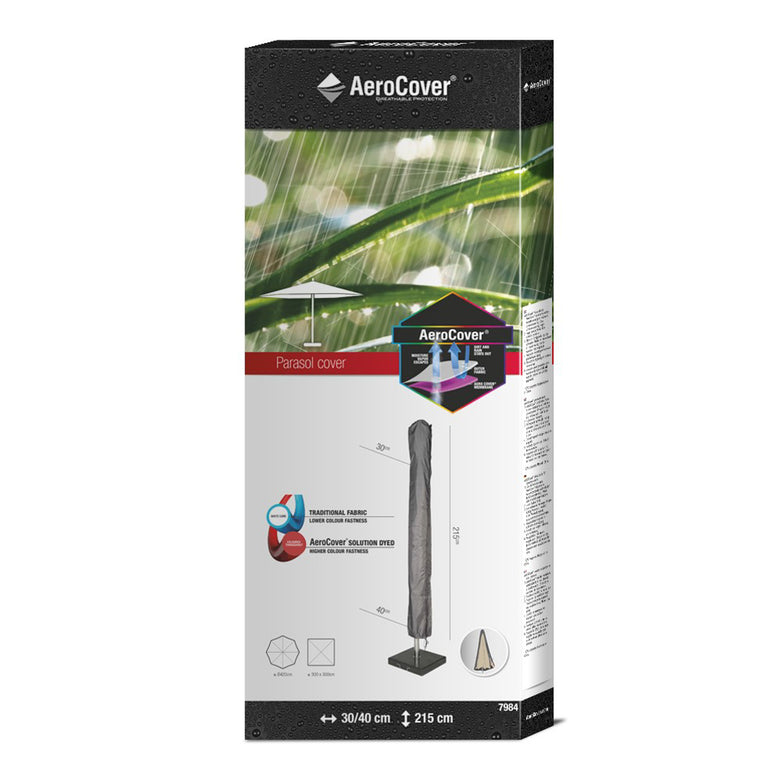 Product Description: AeroCover - Parasol Cover 215 x 30/40 cm, featuring images that highlight its UV-protected and water-resistant properties.