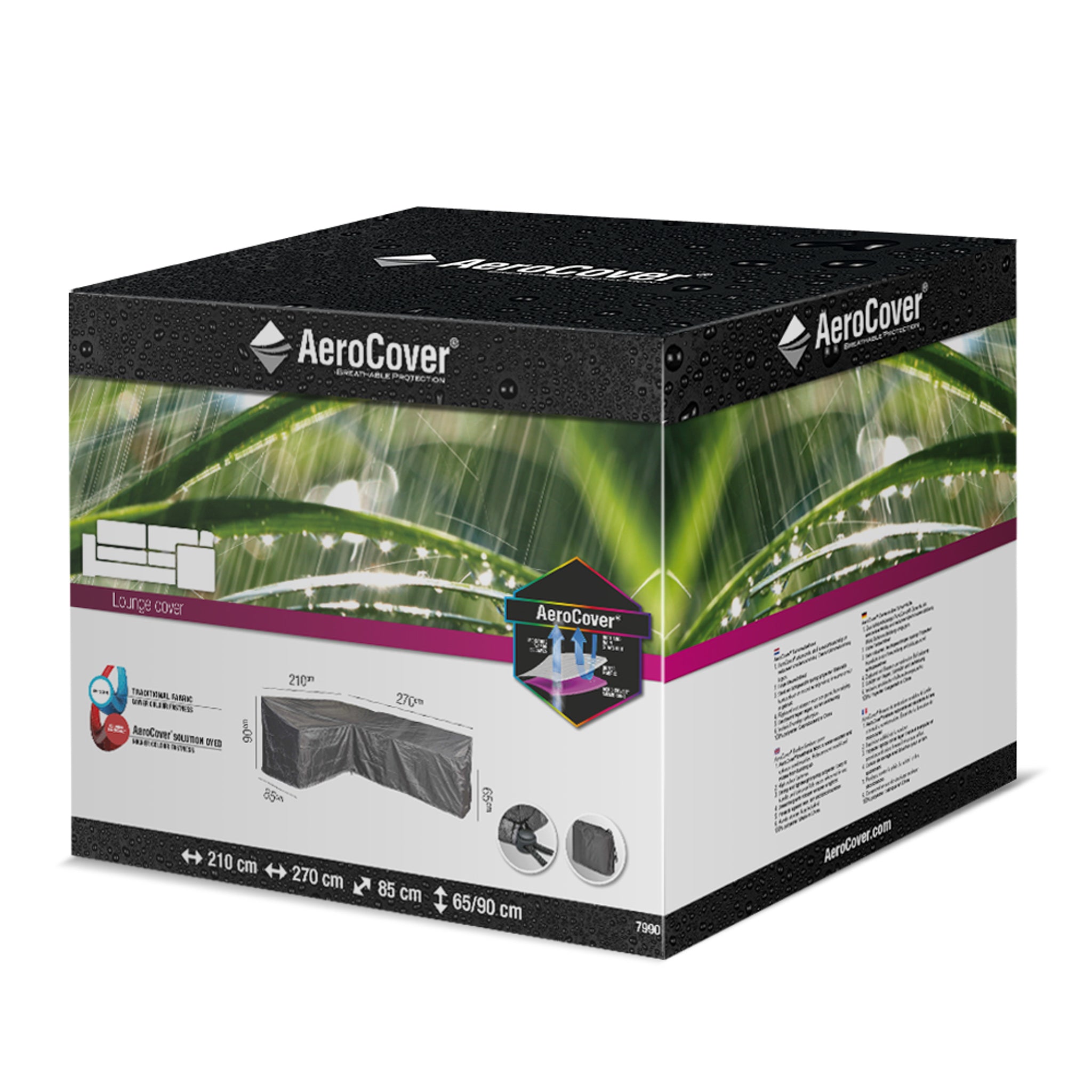 Box of water-resistant AeroCover - Long Left Lounge Set Cover (270x210x85x65x90cm), featuring UV protection and designed for large outdoor lounge sets.