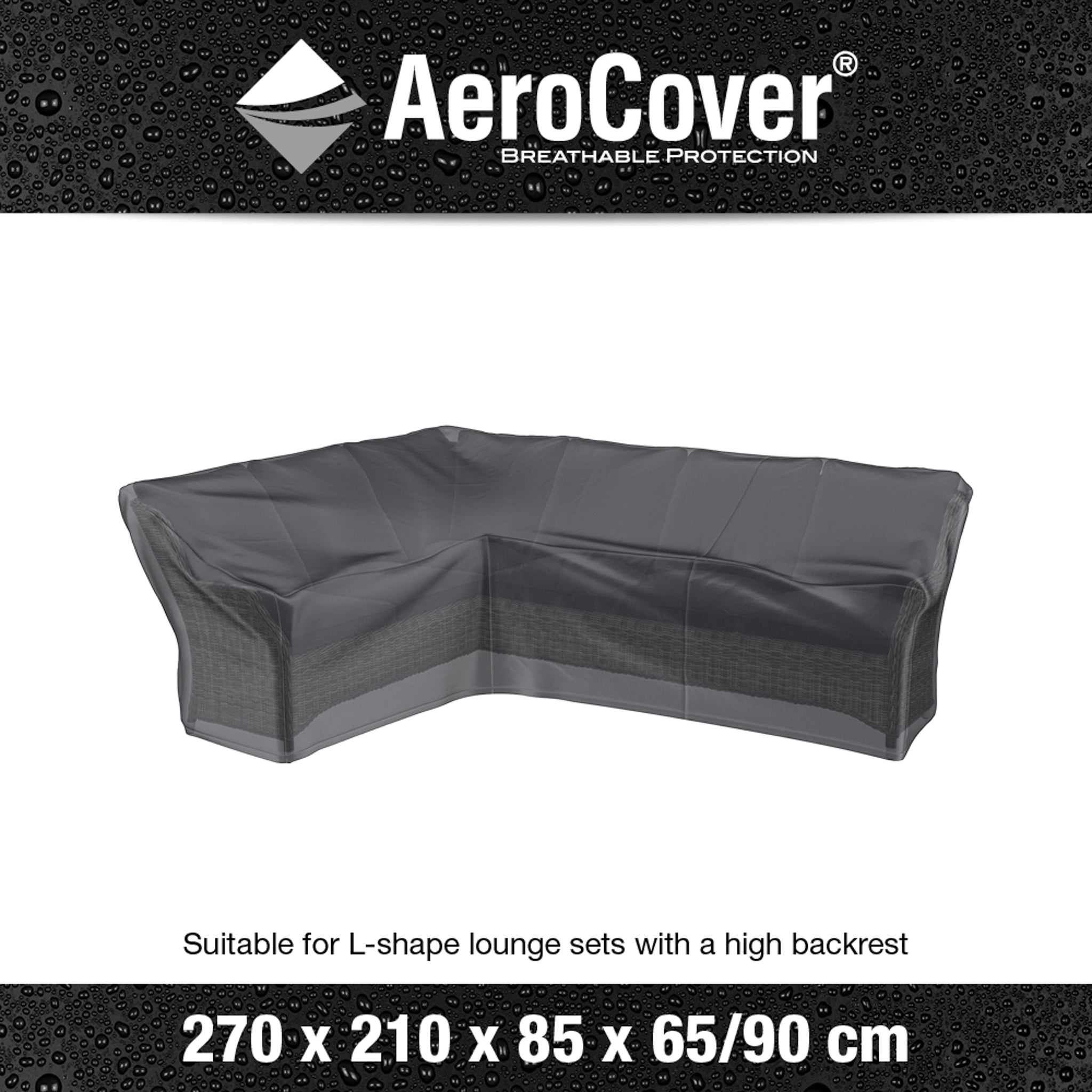 AeroCover - Long Left Lounge Set Cover, dimensions: 270 x 210 x 85 x 65/90 cm, perfect for covering an L-shaped lounge set with high backrest. Water-resistant and UV protected for ultimate durability.