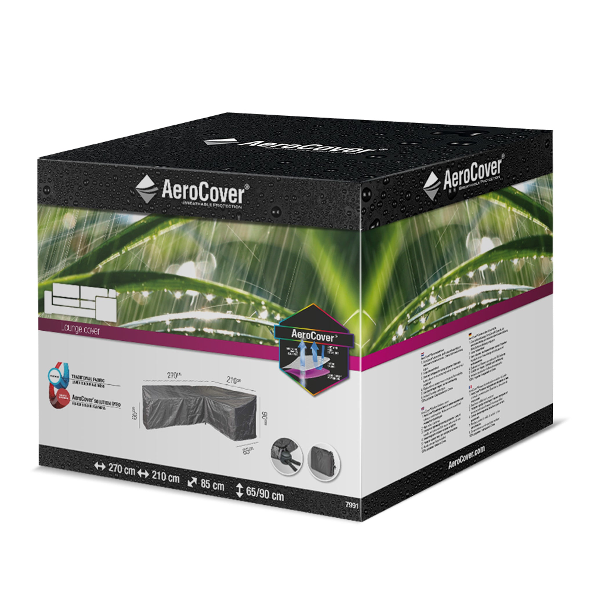 The packaging box for the AeroCover – Long Right Lounge Set Cover (270x210x85x65x90cm) features a product image and labeled dimensions on the sides. Ideal for outdoor furniture, this water-resistant and UV-protected cover ensures durability in all weather conditions.