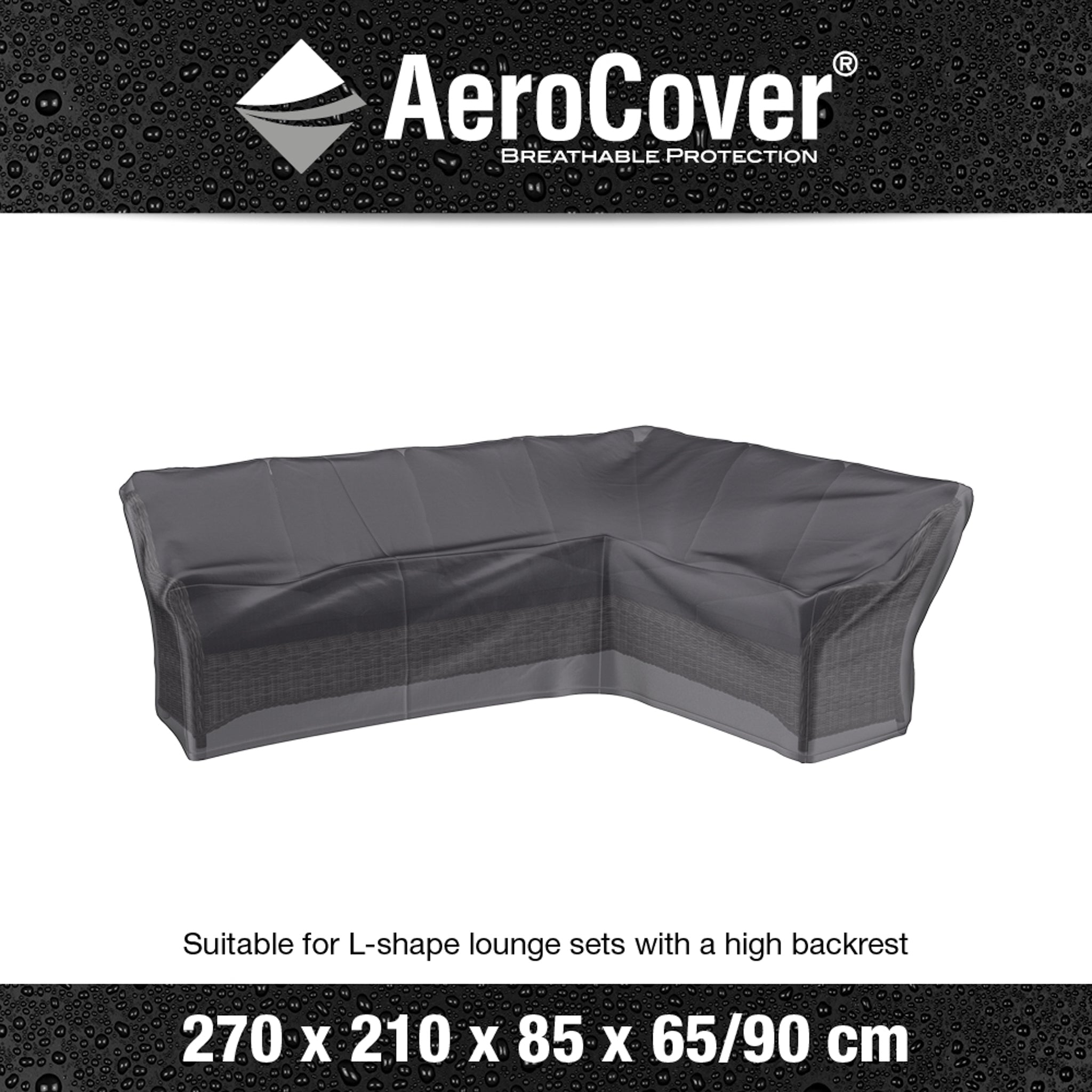 The AeroCover - Long Right Lounge Set Cover (dimensions: 270x210x85x65x90cm), a breathable, UV-protected, and water-resistant protective cover for an L-shaped lounge set of outdoor furniture, is showcased against a black background.