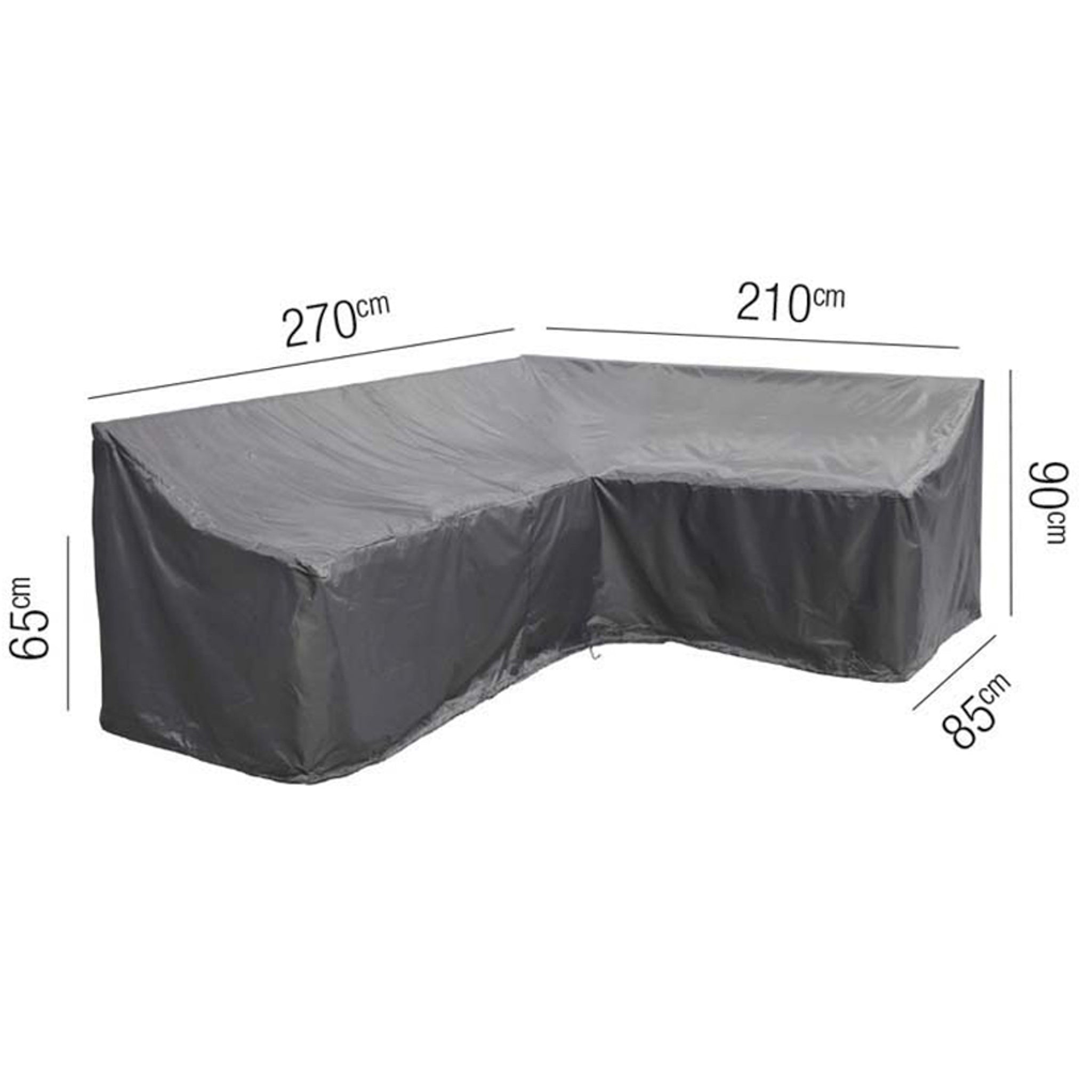 The AeroCover - Long Right Lounge Set Cover is designed to protect L-shaped outdoor furniture with dimensions of 270x210x85x65x90 cm. It is made from a black, water-resistant, and UV-protected material.