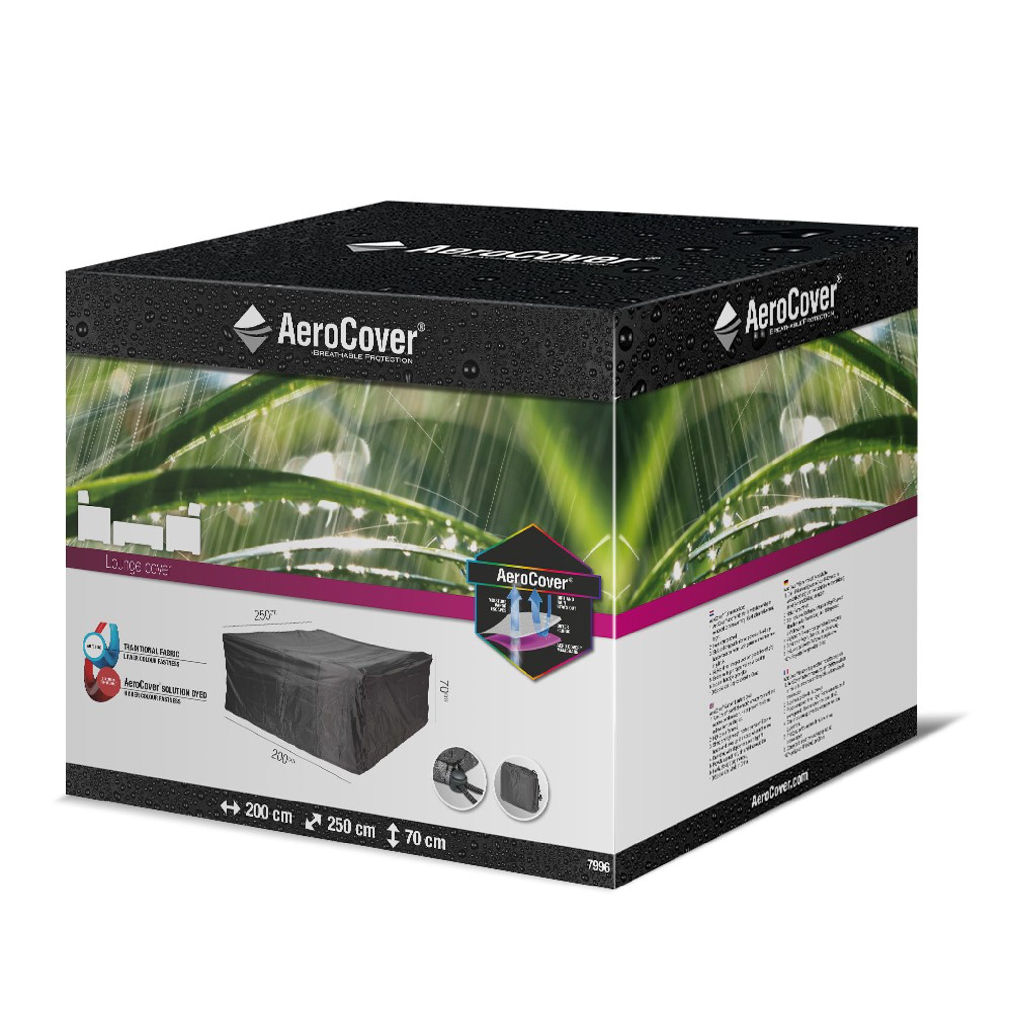Box of AeroCover - Lounge Set Cover 250 x 200 x 70cm high with images of the water-resistant cover in use and product details on the packaging.