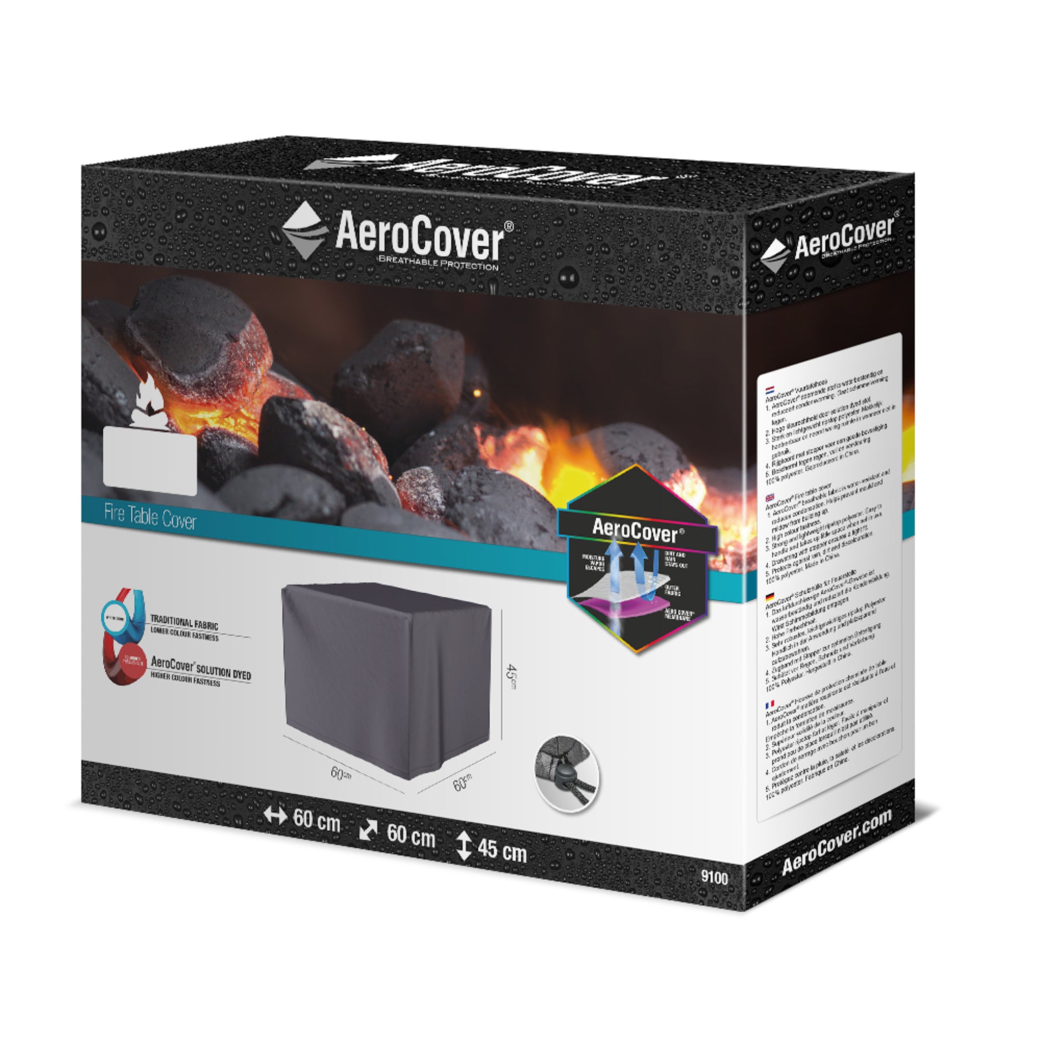 Box of an AeroCover - Firetable 60x60x45cm high, featuring an image of the water-resistant, UV-protected cover on a table along with product information.