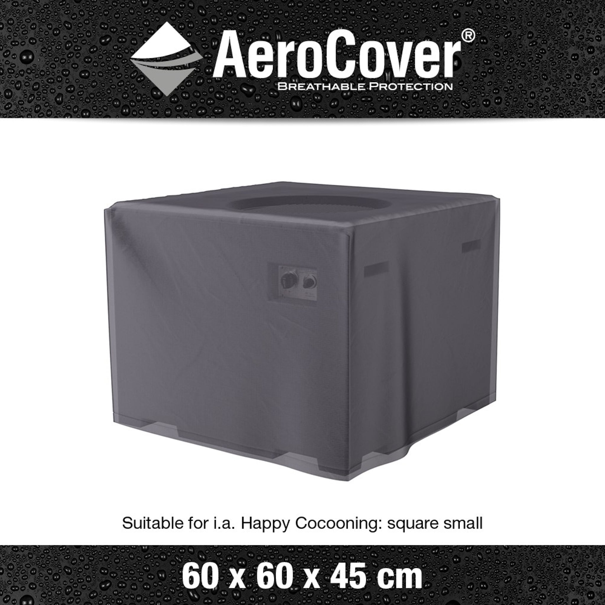 Presenting the "AeroCover - Firetable 60x60x45cm high," a black, water-resistant cover designed specifically to protect your square-shaped firetable. Measuring 60 x 60 x 45 cm, this UV protected cover offers superior safeguarding for your firetable against various elements. Ideal for maintaining the longevity of your outdoor furniture. White background.