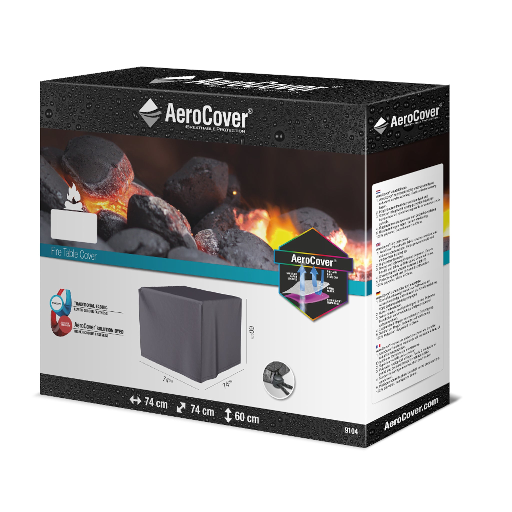 Box containing an AeroCover - Firetable 74x74x60cm high, featuring a UV-protected and water-resistant design. Image of the cover displayed on the box.