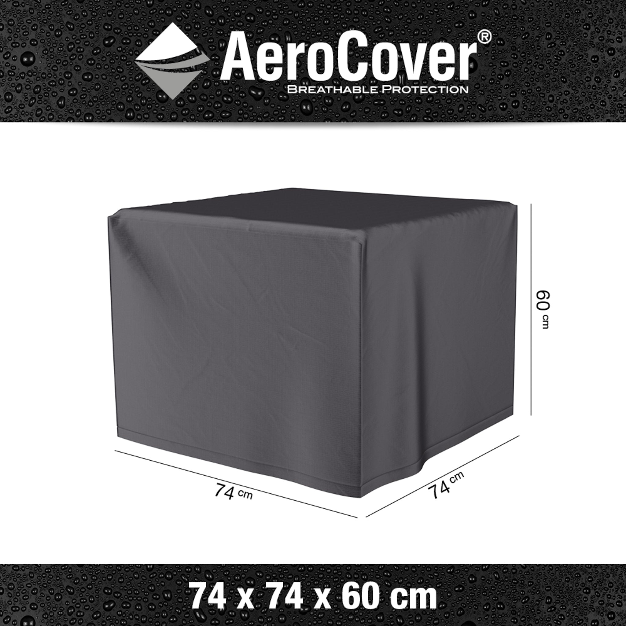AeroCover - Firetable 74x74x60cm high, a square black cover set against a textured black background, offers water resistance and UV protection for ultimate durability.