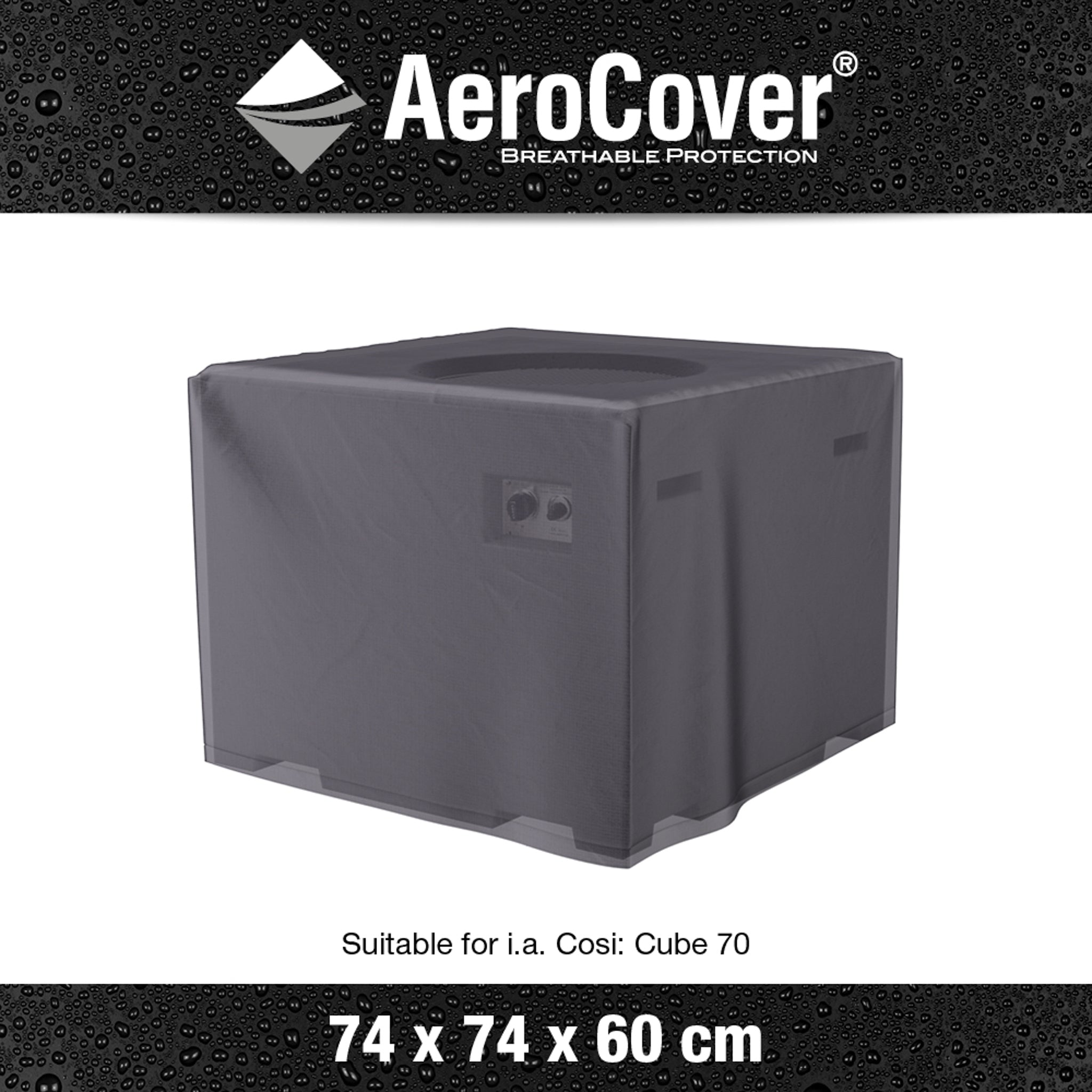 AeroCover UV-protected, water-resistant cover for the Firetable, measuring 74 x 74 x 60 cm.