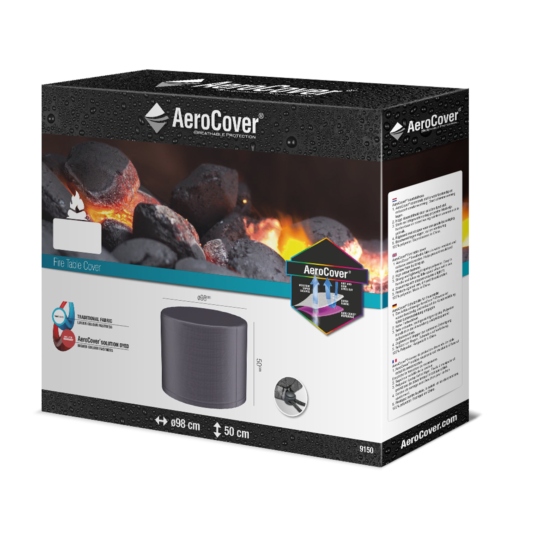 The packaging box for the AeroCover - Firetable Round 98x50cm high highlights its product features, including water-resistant materials and UV protection, with dimensions of 98cm by 50cm.