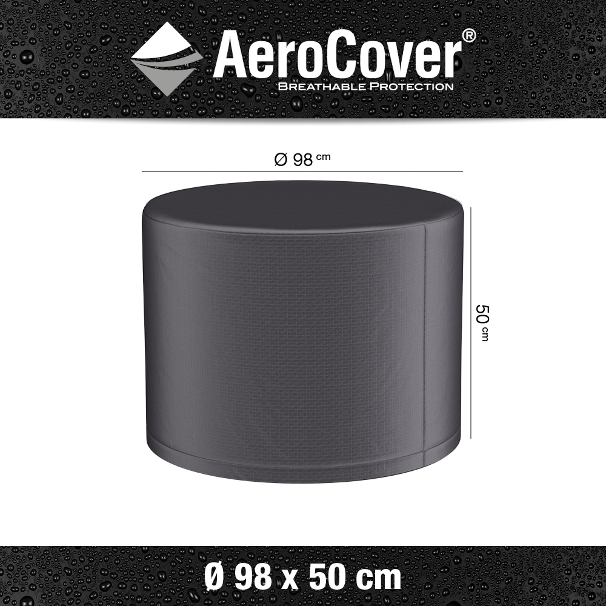 The AeroCover - Firetable Round 98x50cm high, a gray protective cover that is water-resistant and UV protected, is displayed on a black background with a raindrop pattern.