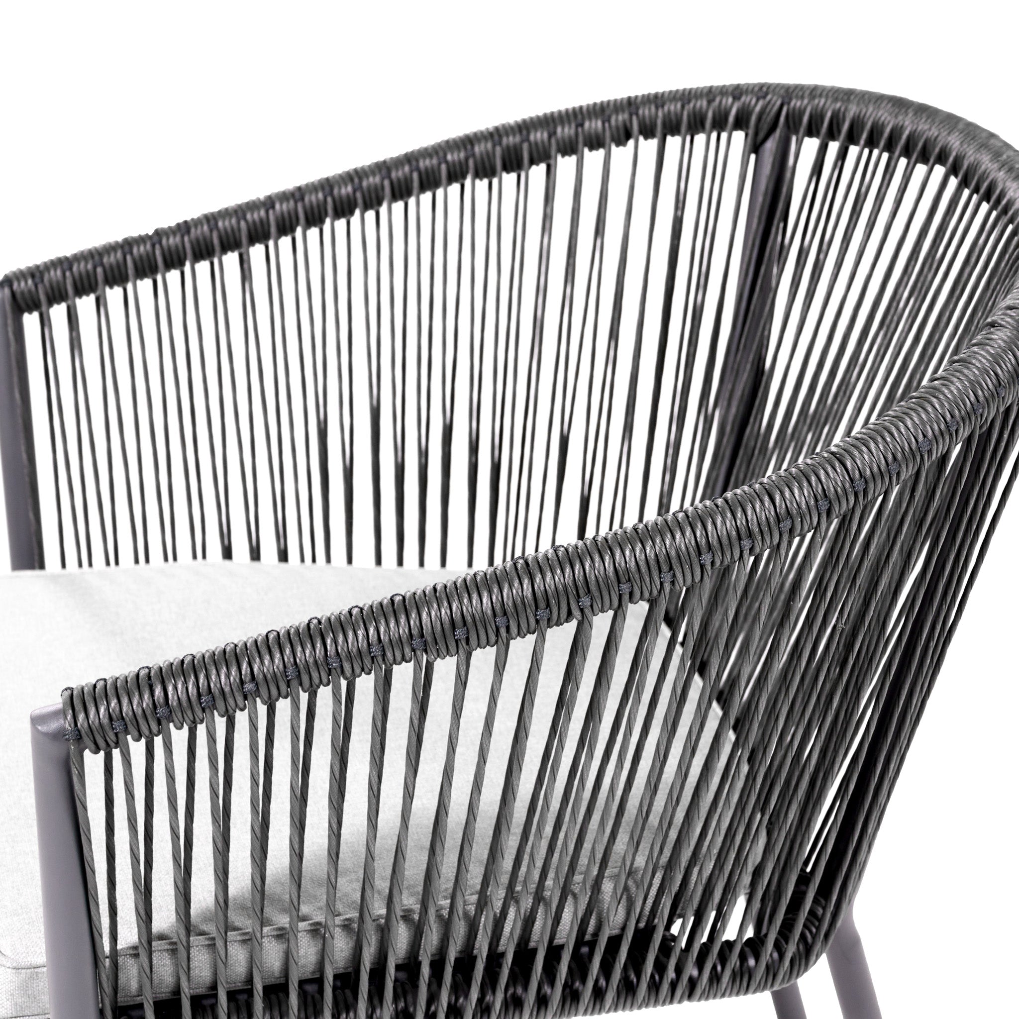 A close-up of a modern dining chair featuring a gray woven rope backrest and seat cushion, perfectly complementing the Pacific Lifestyle - Reims Dining Set in Grey, all set against a pristine white background.