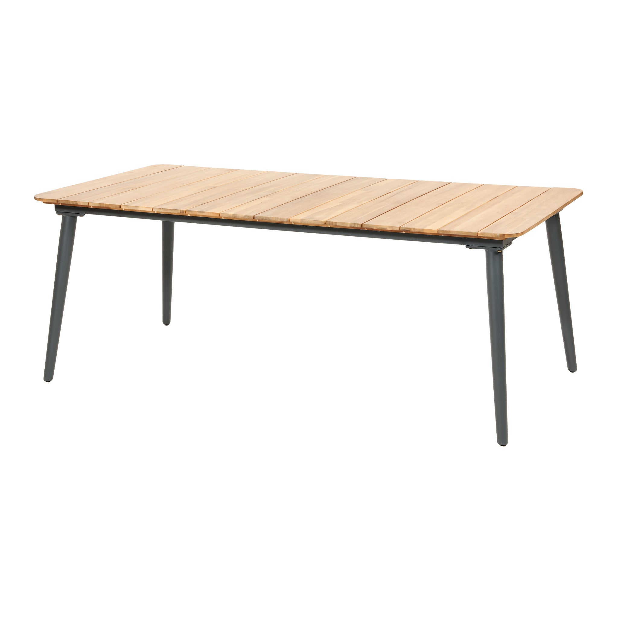 The Acacia wood-topped table with slatted design and dark angled legs enhances the Pacific Lifestyle - Reims Dining Set in Gray's contemporary dining chairs when viewed from a slight angle.