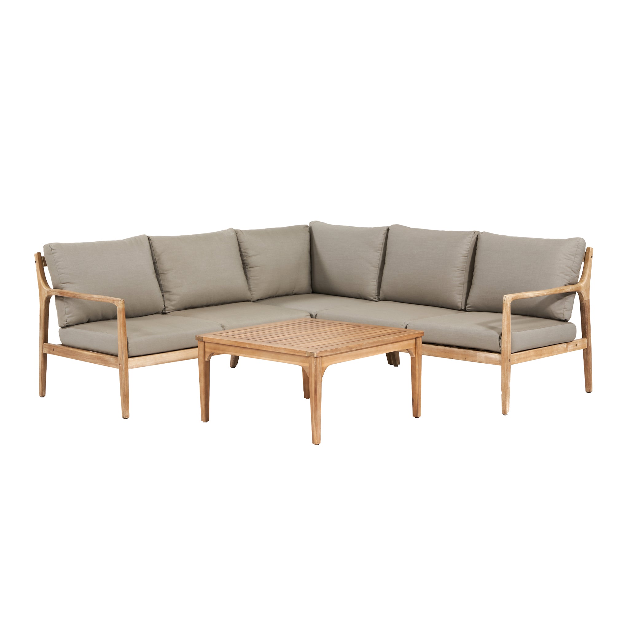 The Pacific Lifestyle Malta Lounge Corner Set in Natural Taupe includes a cushioned outdoor sofa with an acacia wood frame and a matching square coffee table, ideal for any patio.