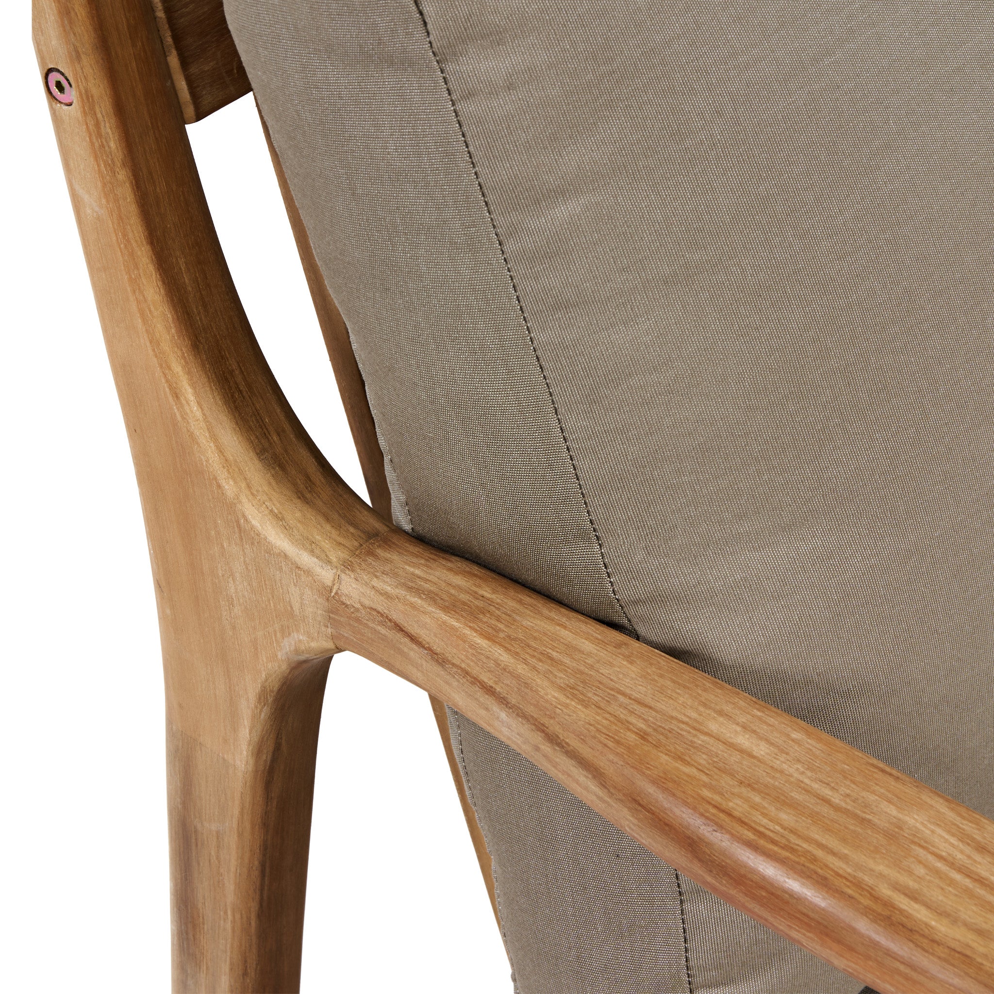Close-up of an outdoor furniture piece showcasing an acacia wood frame and beige cushion, emphasizing texture and design akin to the refined Pacific Lifestyle - Malta Lounge Corner Set in Natural Taupe.