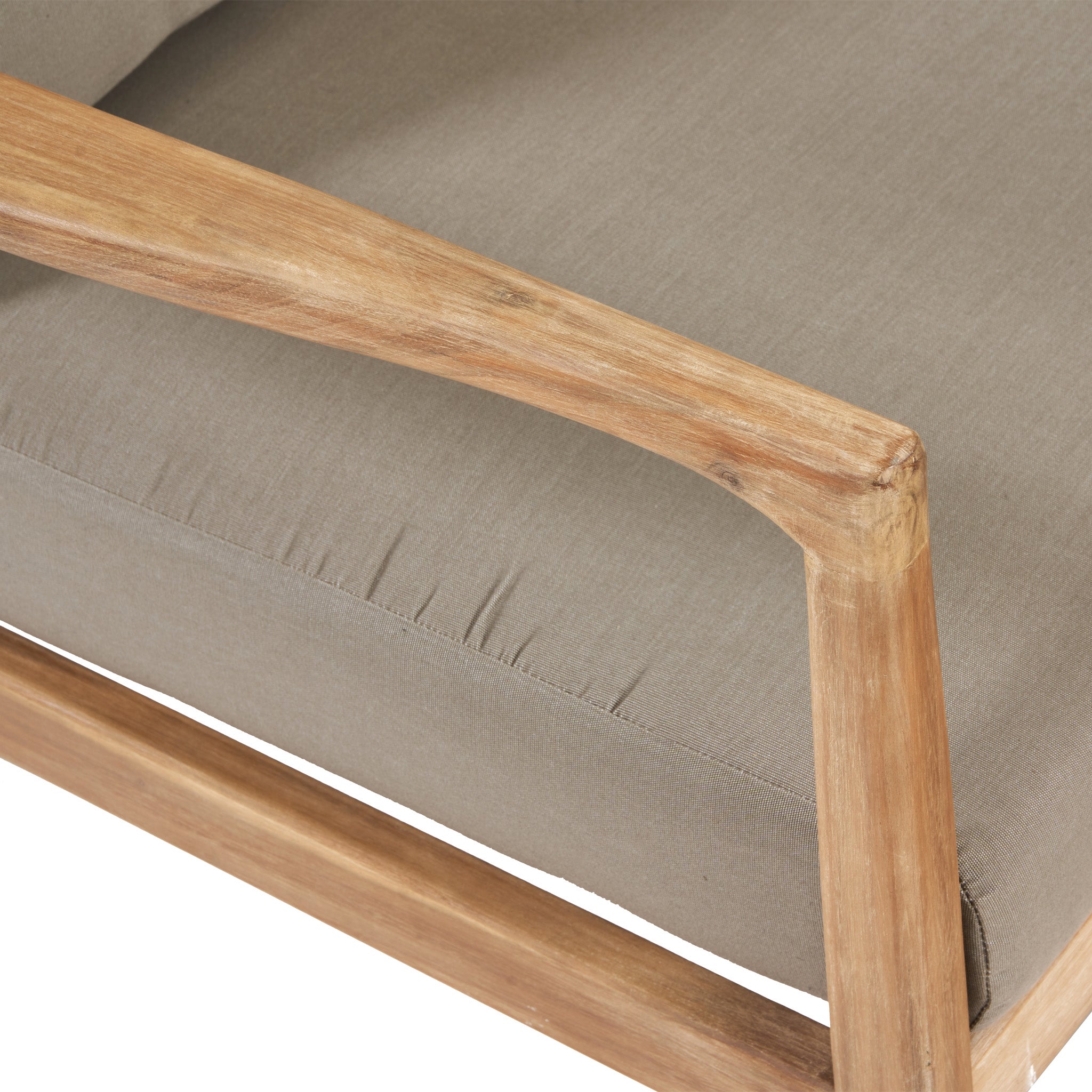 Close-up of a wooden chair crafted from acacia wood with a light green cushioned seat and armrest, ideal for your Pacific Lifestyle - Malta Lounge Corner Set in Natural Taupe or any outdoor furniture arrangement.