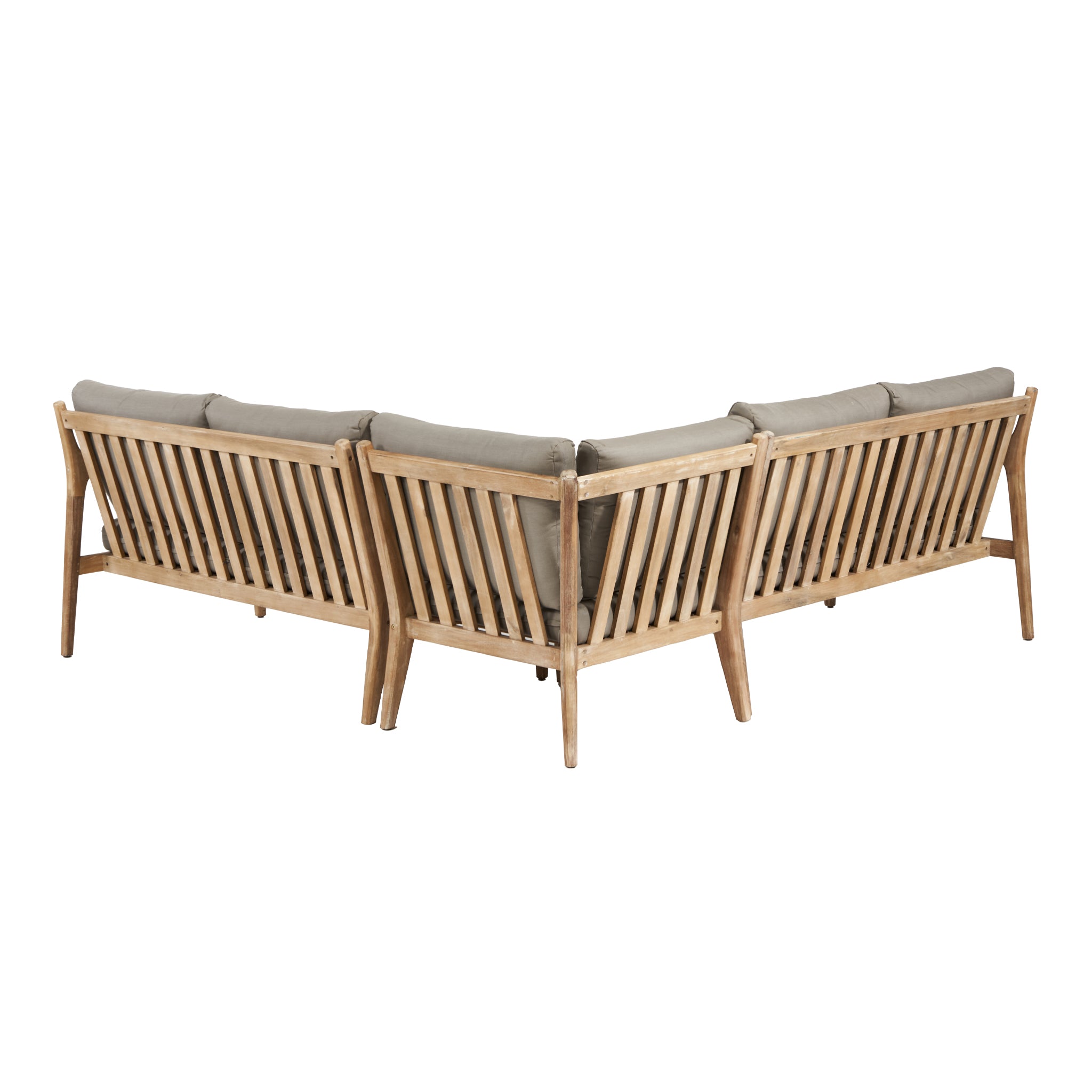 The Pacific Lifestyle Malta Lounge Corner Set in Natural Taupe is a stylish L-shaped sectional sofa with an acacia wood frame and gray cushions, featuring graceful back and angled sides. Ideal for outdoor furniture lovers seeking elegance and durability for their patio.