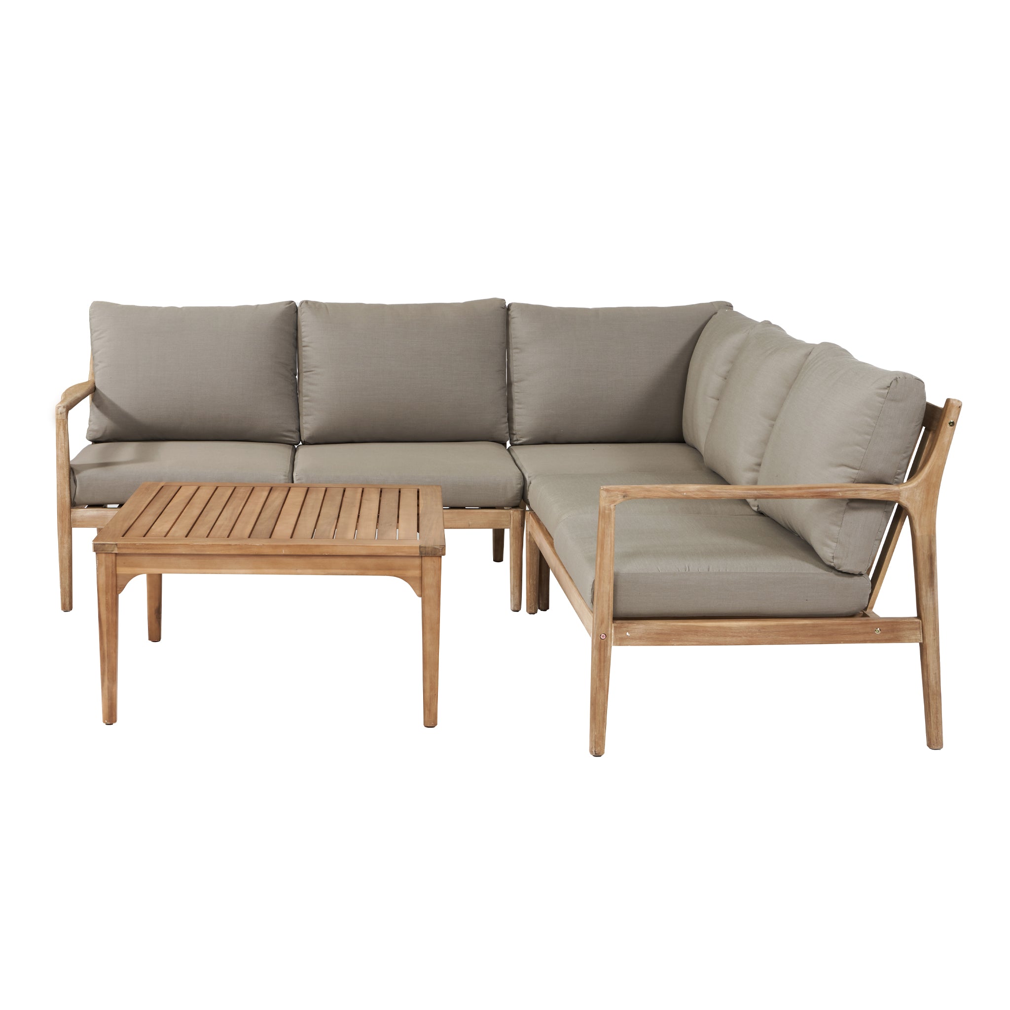 The Pacific Lifestyle Malta Lounge Corner Set in Natural Taupe includes an L-shaped wooden outdoor sofa with gray cushions and a matching rectangular coffee table, all made from durable acacia wood, perfect for enhancing your patio or garden space.