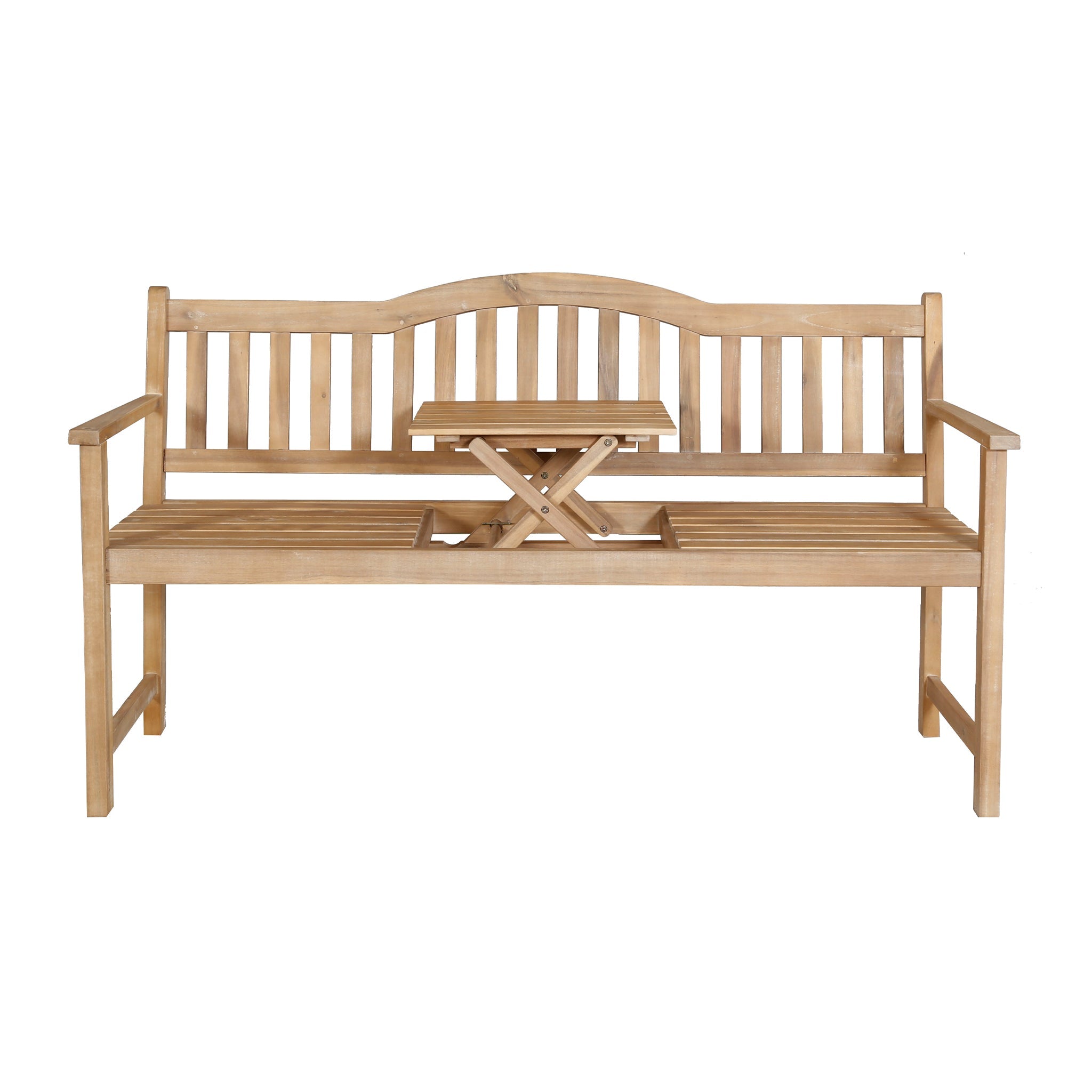 Richmond Antique Wood Bench with Pop Up Table in Light Teak