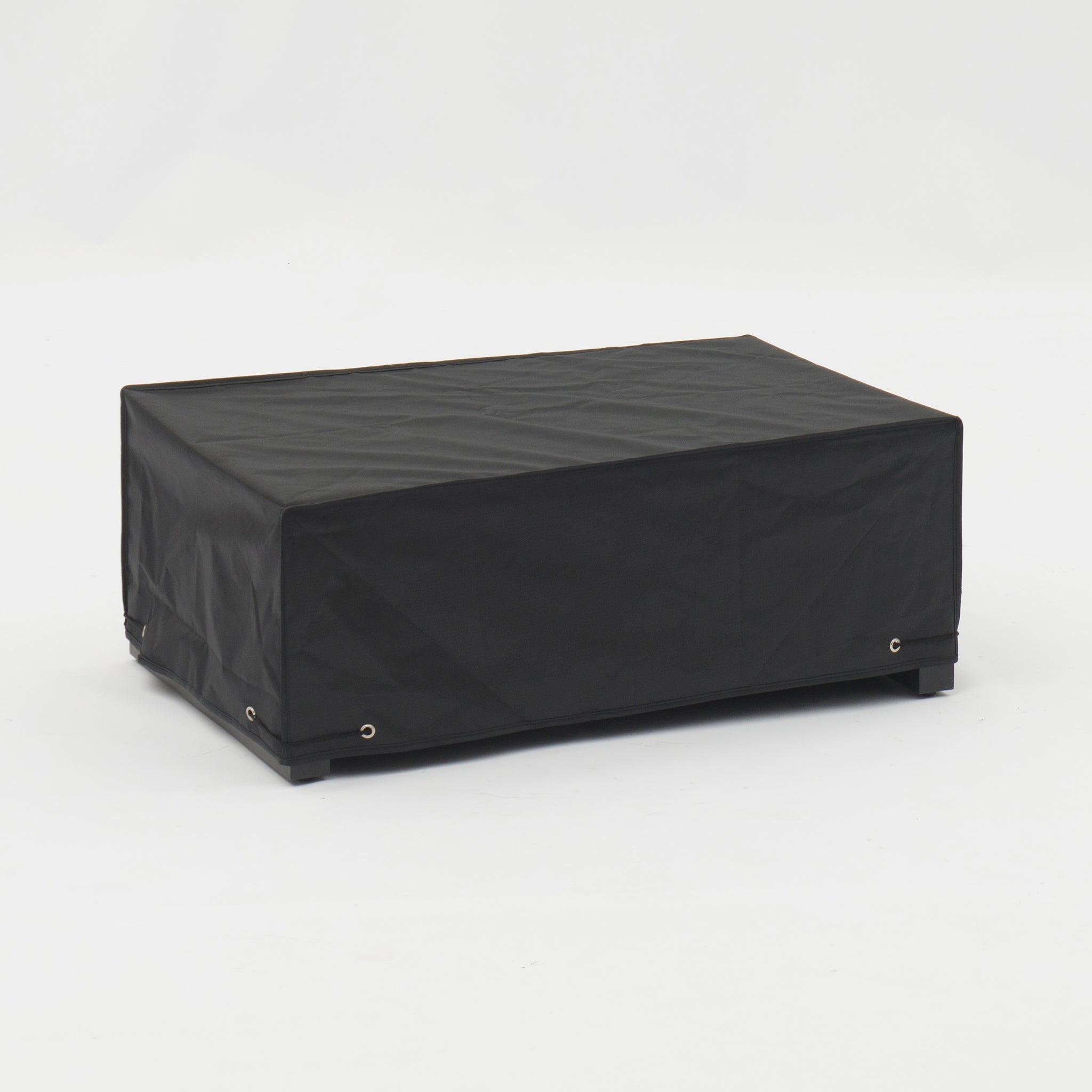 The Winter Cover for the Havana Aluminium Corner Group, designed in a rectangular shape and black color, is securely placed over what appears to be a table or similar item, offering excellent protection for outdoor furniture.