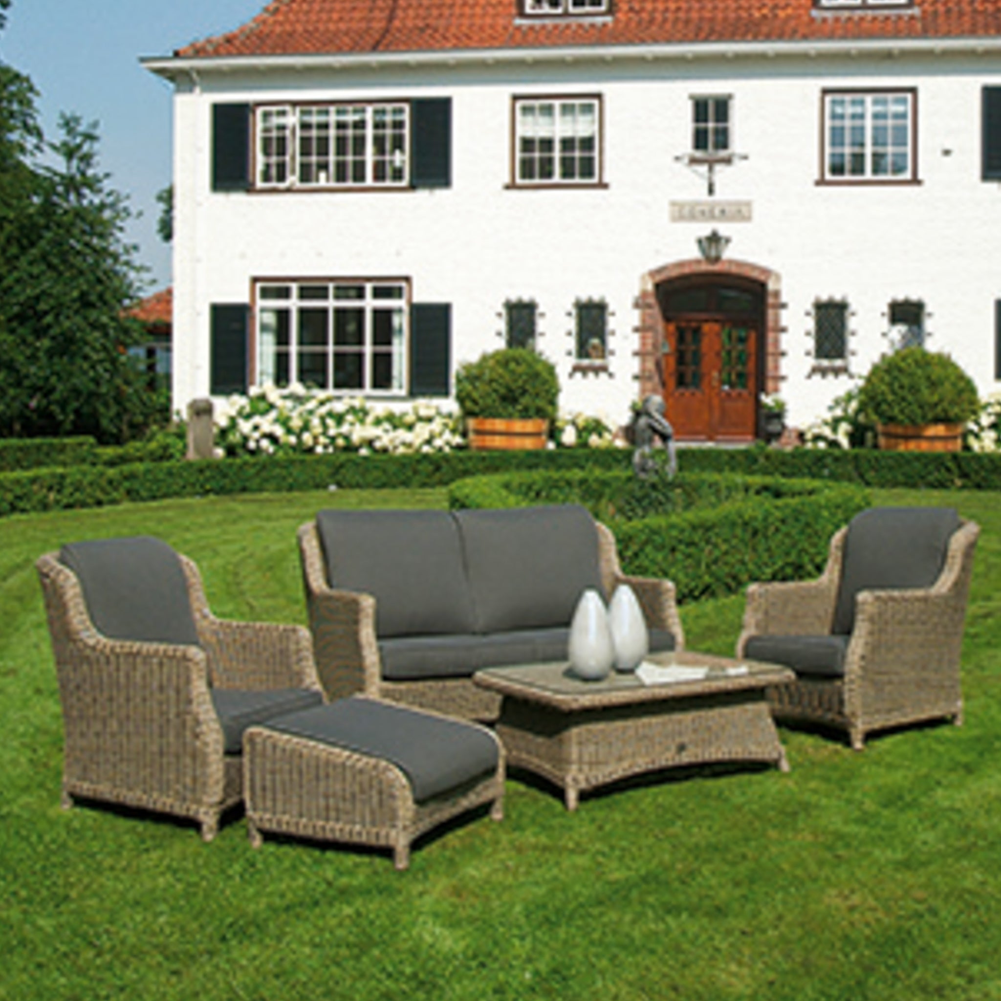 Brighton 2 Seat Sofa Set with Glass Topped Table and Footstool in Light Brown