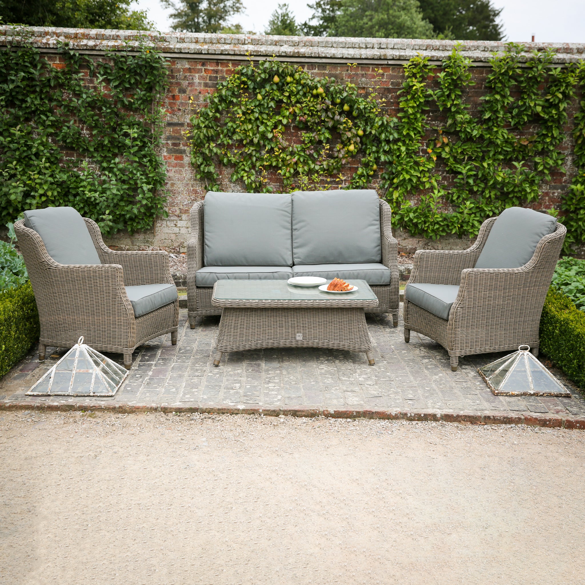 Brighton 2 Seat Sofa Set with Glass Topped Table and Footstool in Light Brown