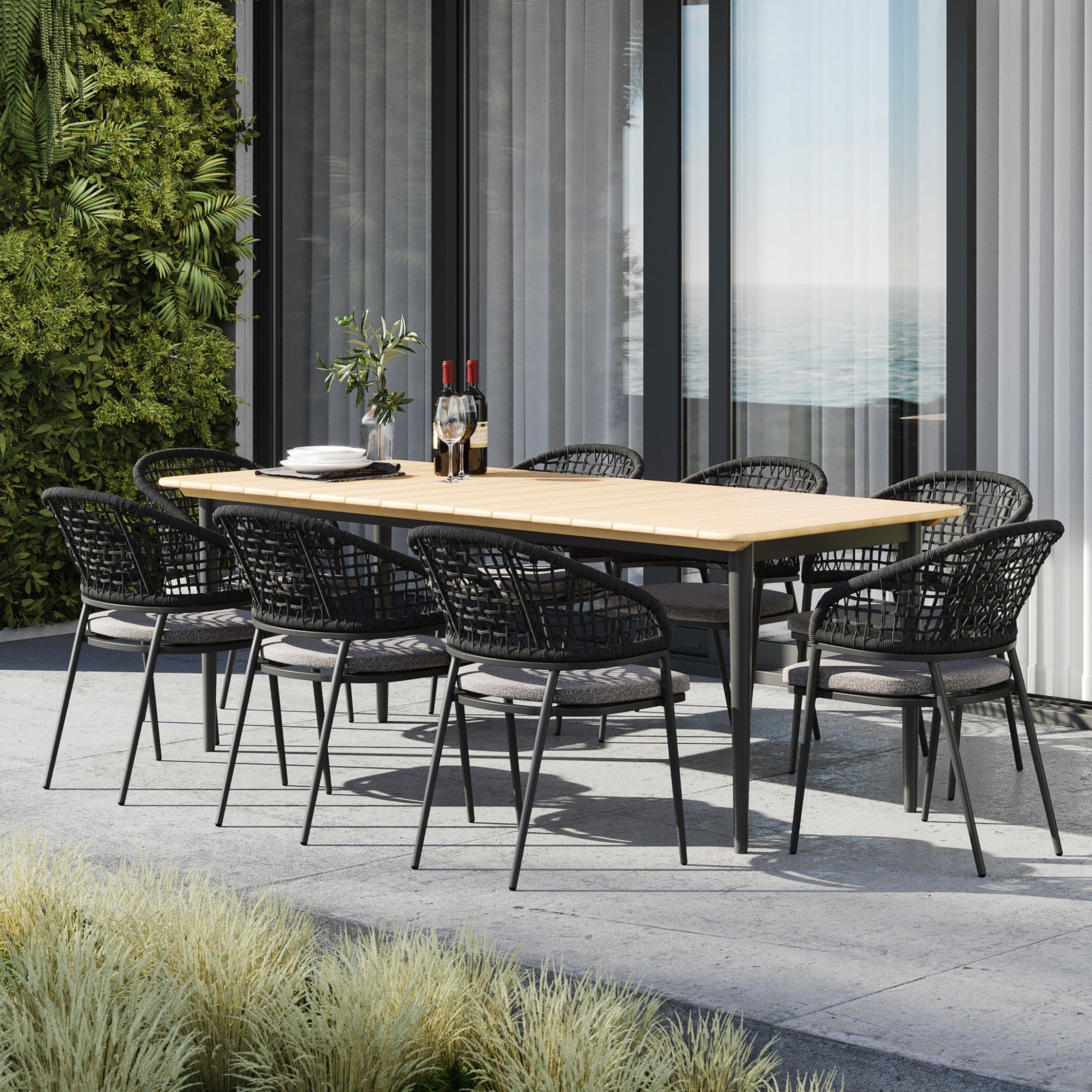 Kalama 8 Seat Rectangular Dining Set with Teak Table in Charcoal