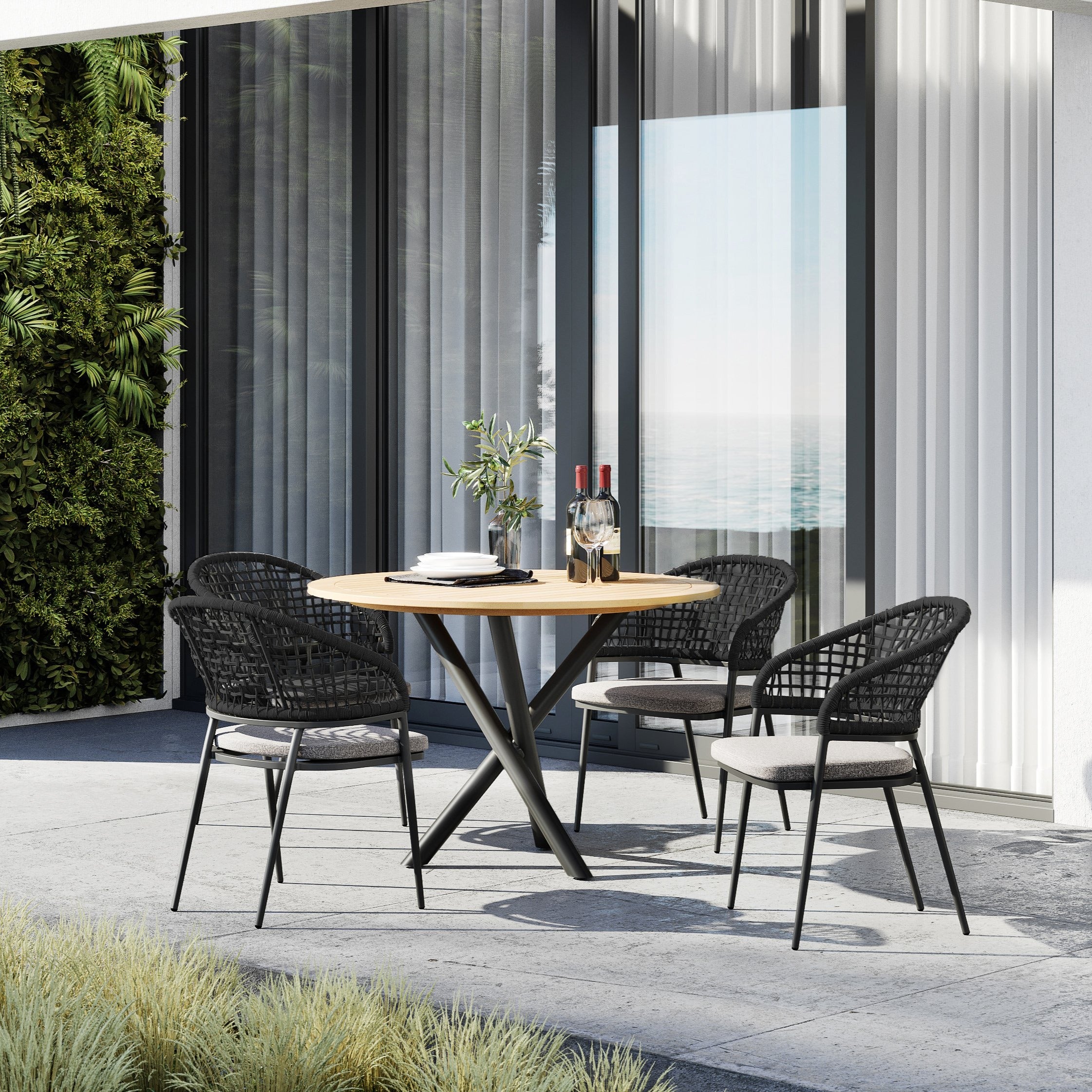 Kalama 4 Seat Round Dining Set with Teak Table in Charcoal