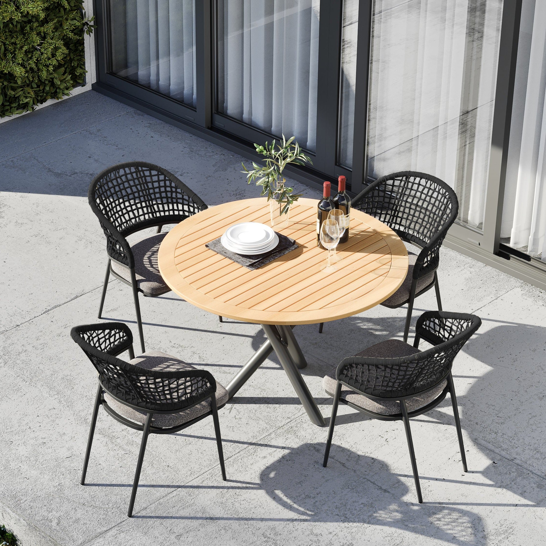 Kalama 4 Seat Round Dining Set with Teak Table in Charcoal
