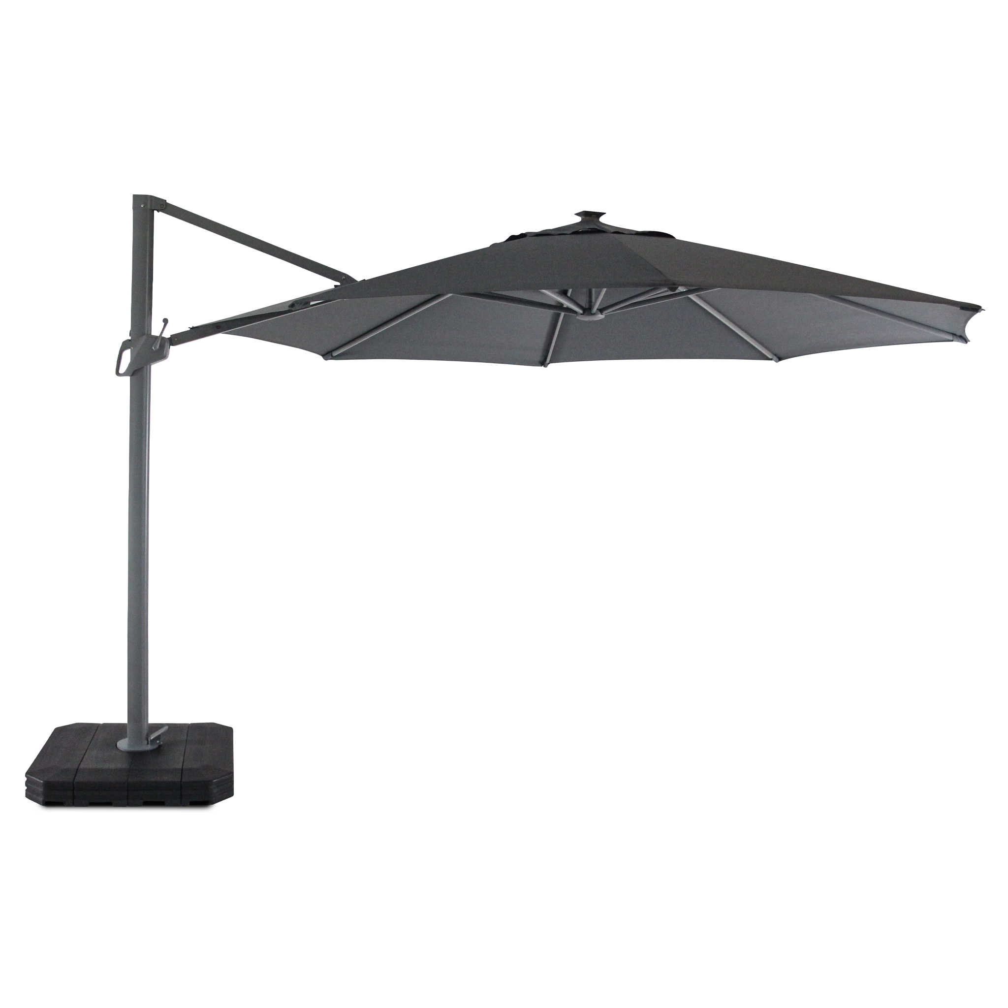 An Ares 3.5m round cantilever parasol in charcoal, featuring a side pole and solar-powered LED lights, set against a white background.